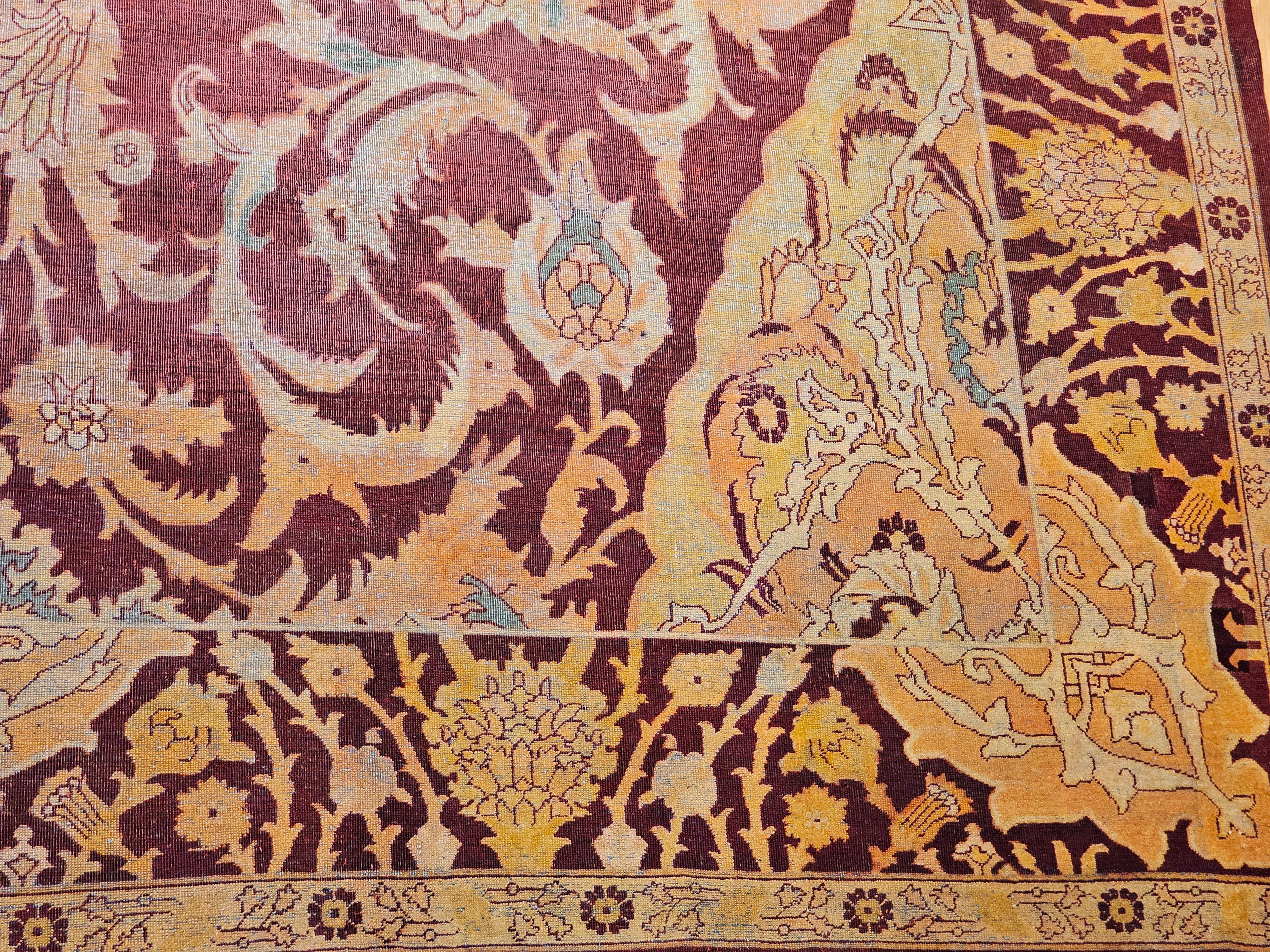 19th Century Indian Amritsar Room-Size Rug in Burgundy, Blue, Pale Yellow, Ivory For Sale 6