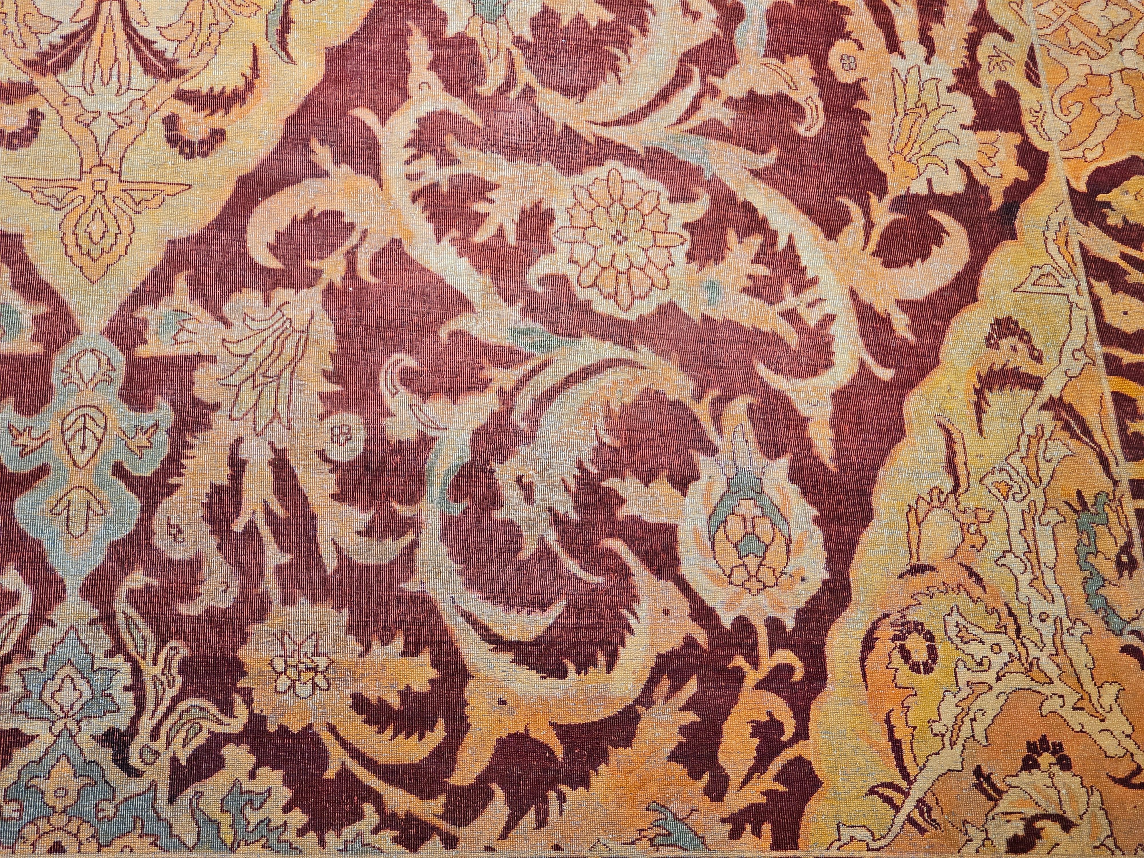 19th Century Indian Amritsar Room-Size Rug in Burgundy, Blue, Pale Yellow, Ivory For Sale 7