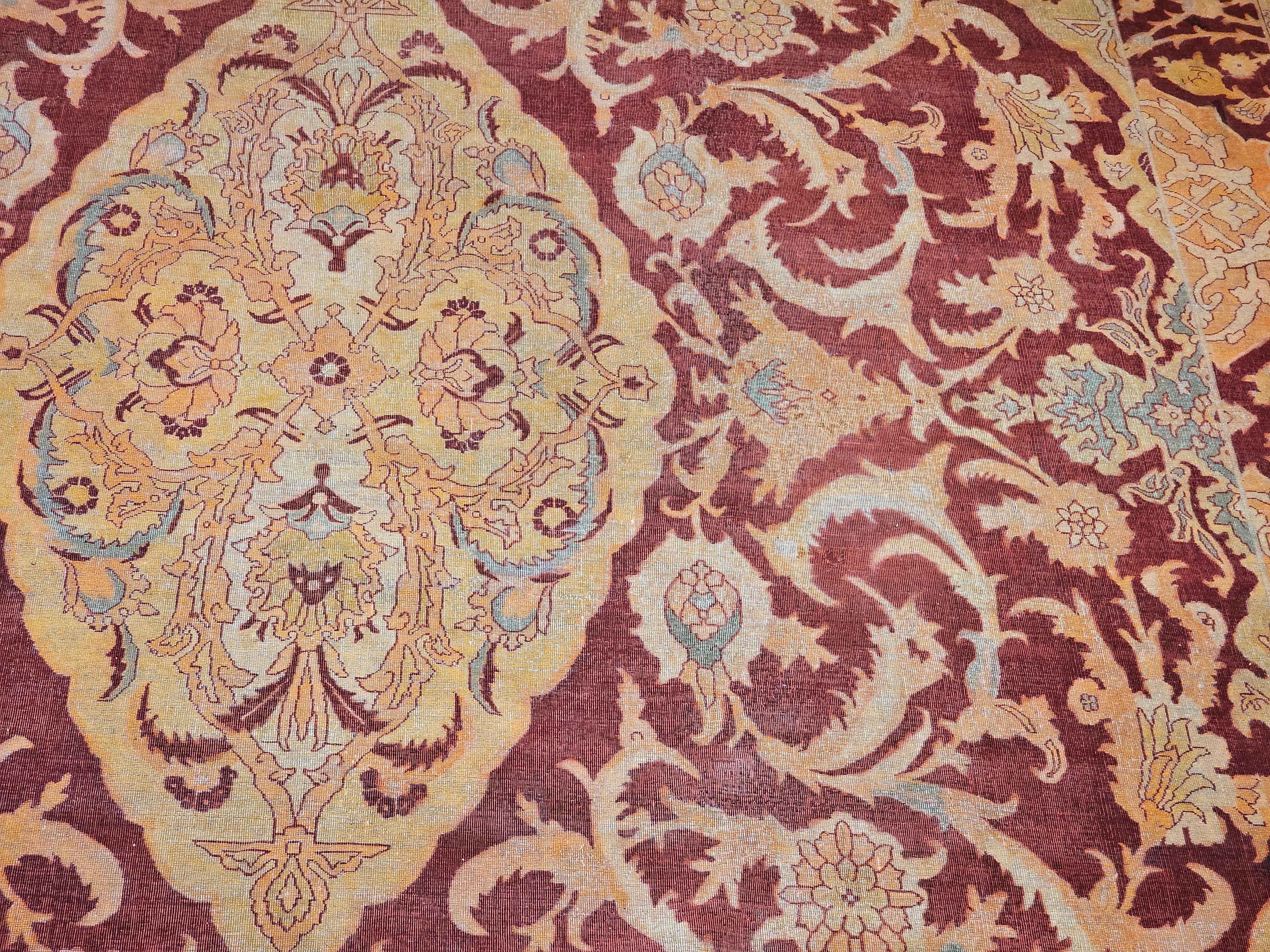 19th Century Indian Amritsar Room-Size Rug in Burgundy, Blue, Pale Yellow, Ivory For Sale 8