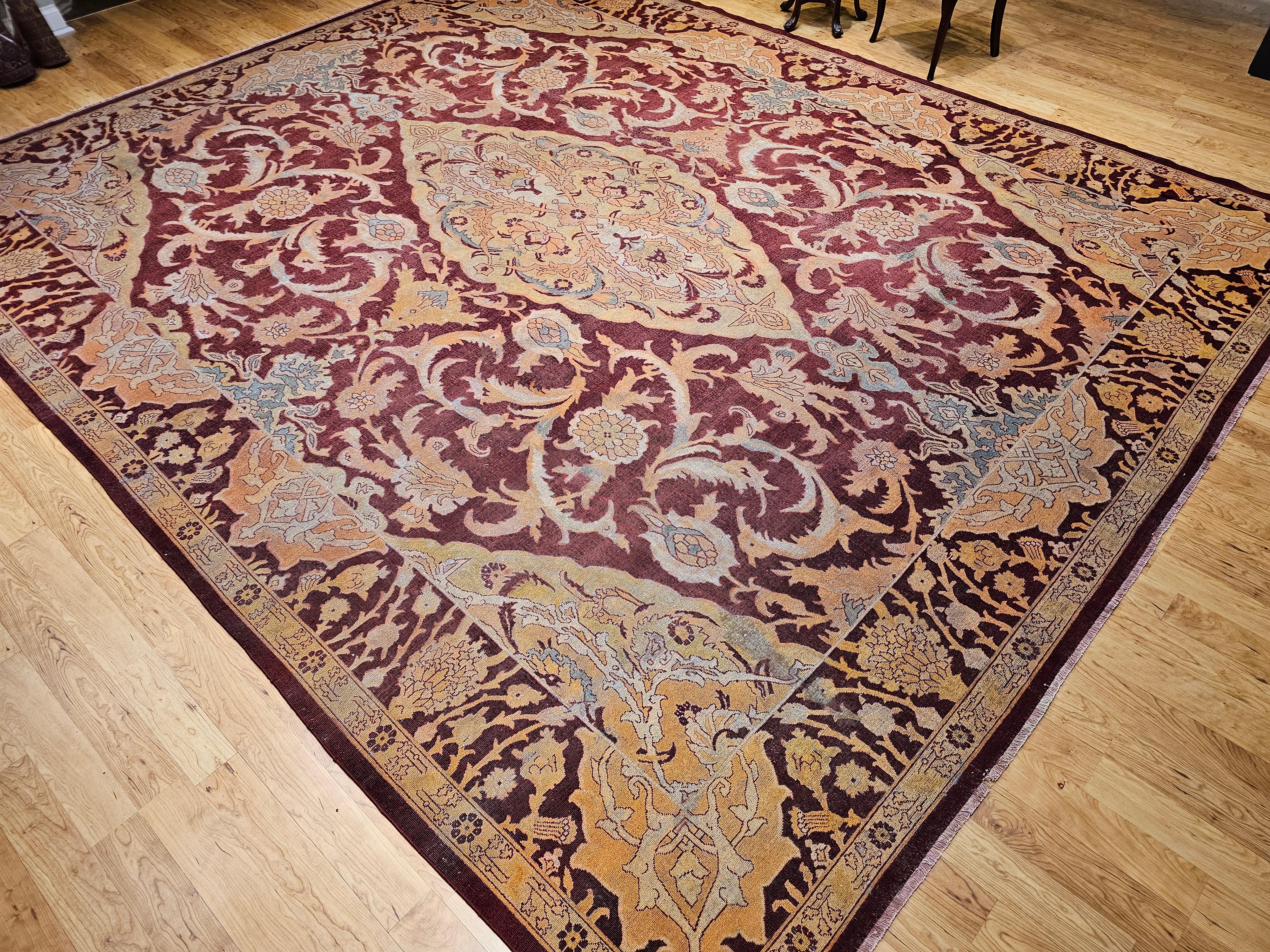 19th Century Indian Amritsar Room-Size Rug in Burgundy, Blue, Pale Yellow, Ivory For Sale 9