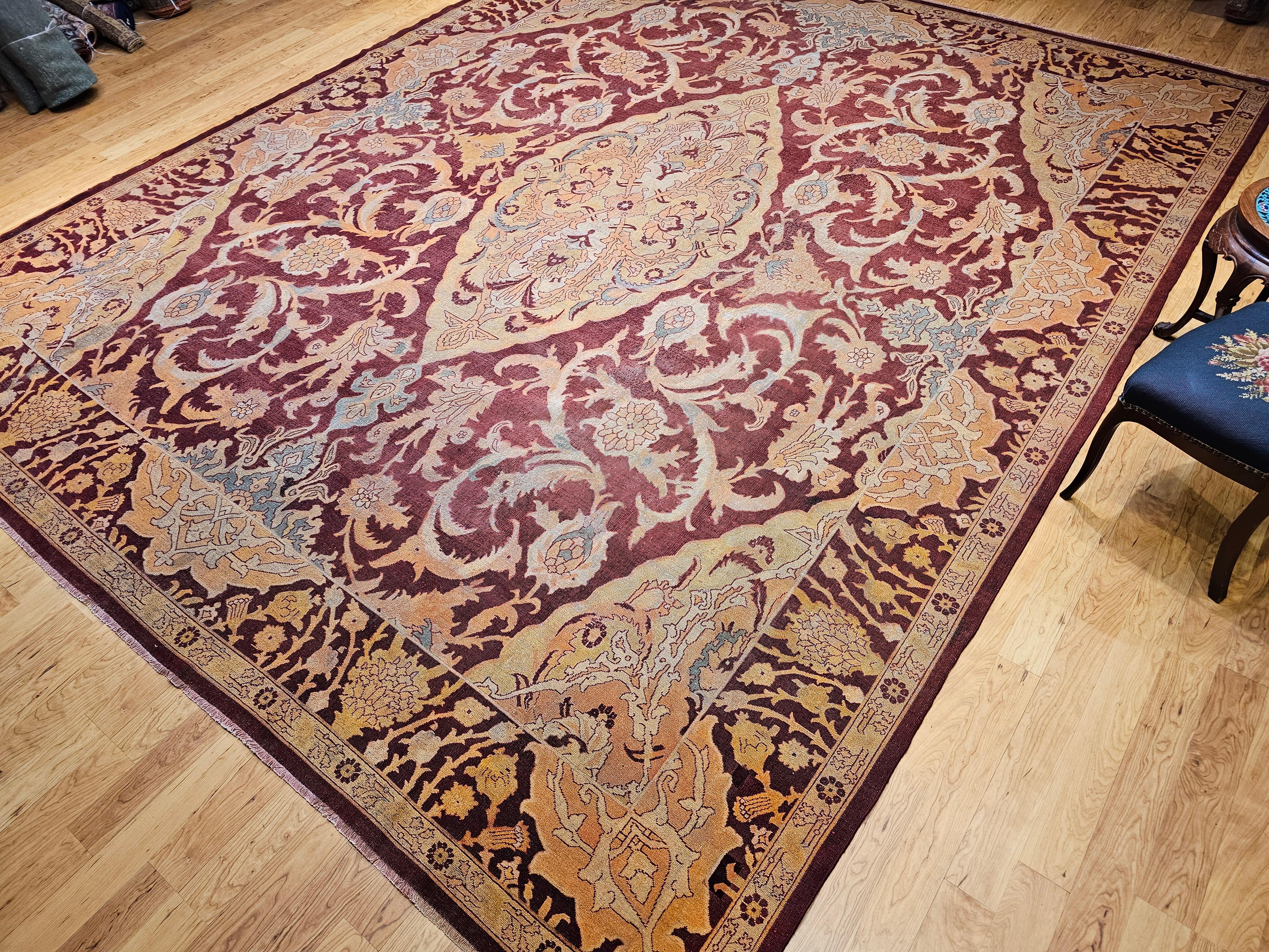19th Century Indian Amritsar Room-Size Rug in Burgundy, Blue, Pale Yellow, Ivory For Sale 11