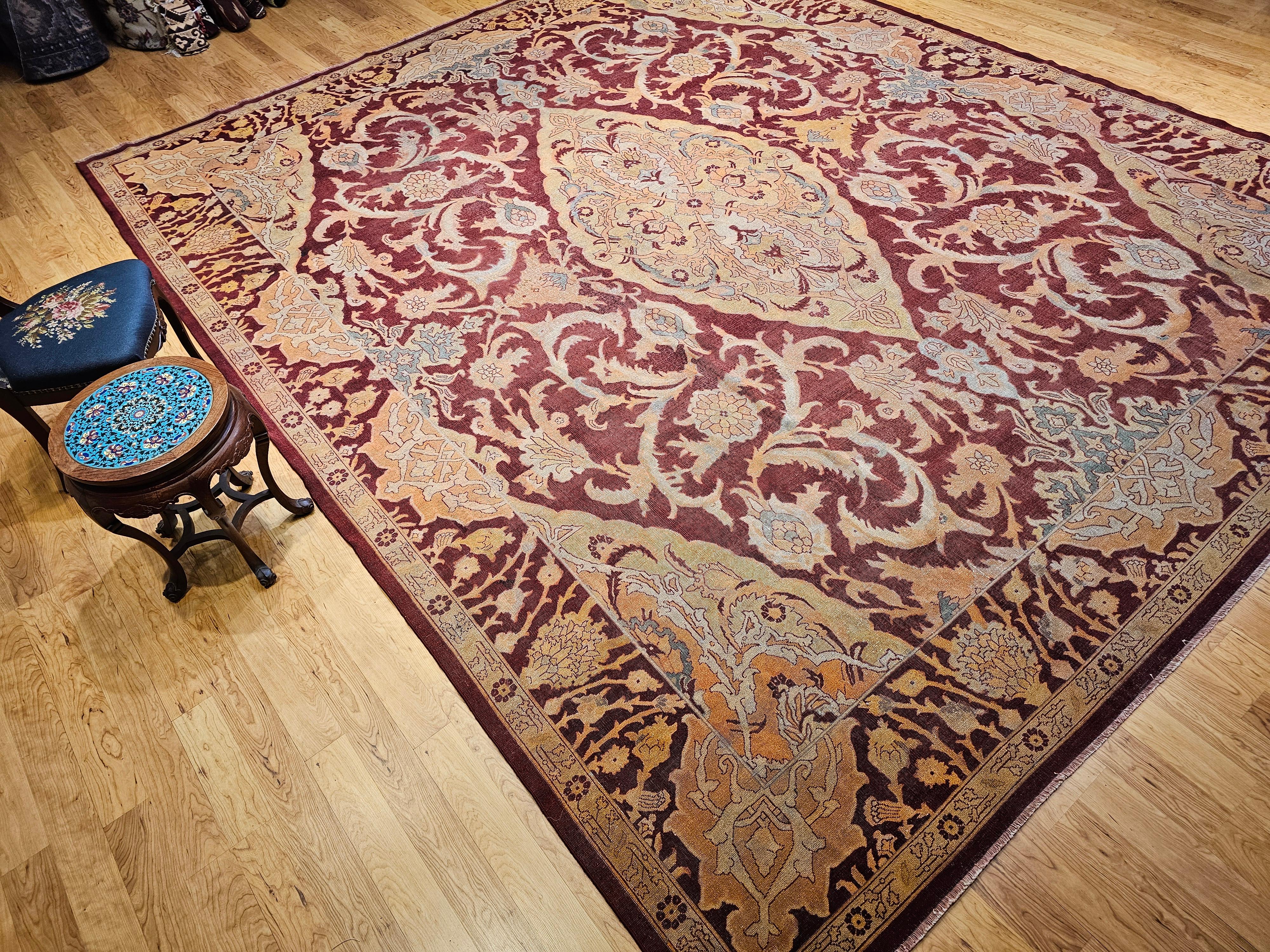 19th Century Indian Amritsar Room-Size Rug in Burgundy, Blue, Pale Yellow, Ivory For Sale 12