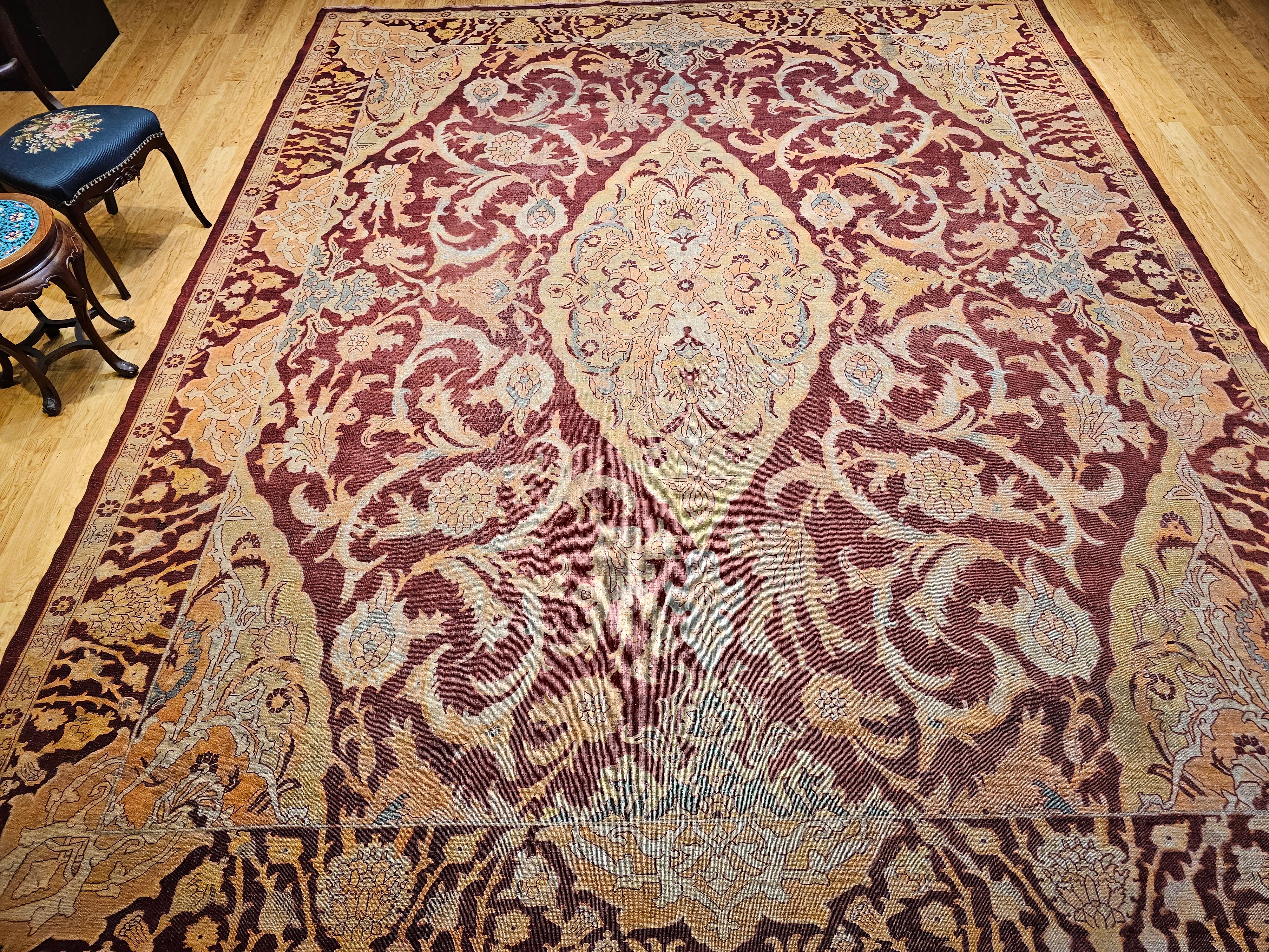 19th Century Indian Amritsar Room-Size Rug in Burgundy, Blue, Pale Yellow, Ivory For Sale 13