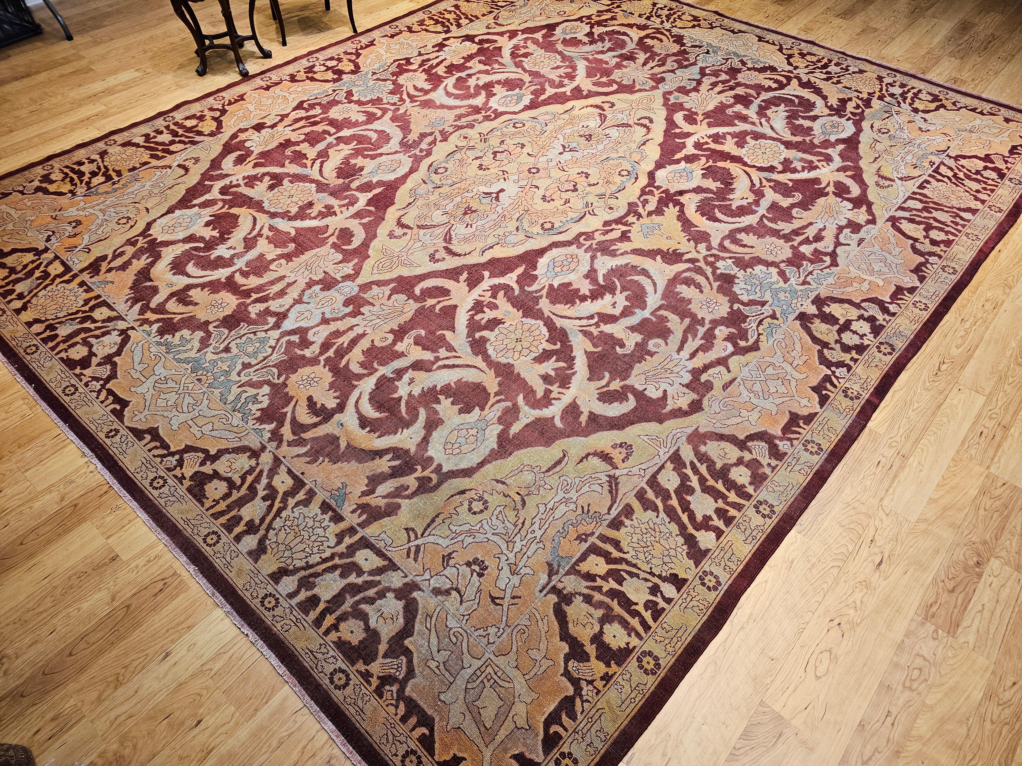 19th Century Indian Amritsar Room-Size Rug in Burgundy, Blue, Pale Yellow, Ivory For Sale 14