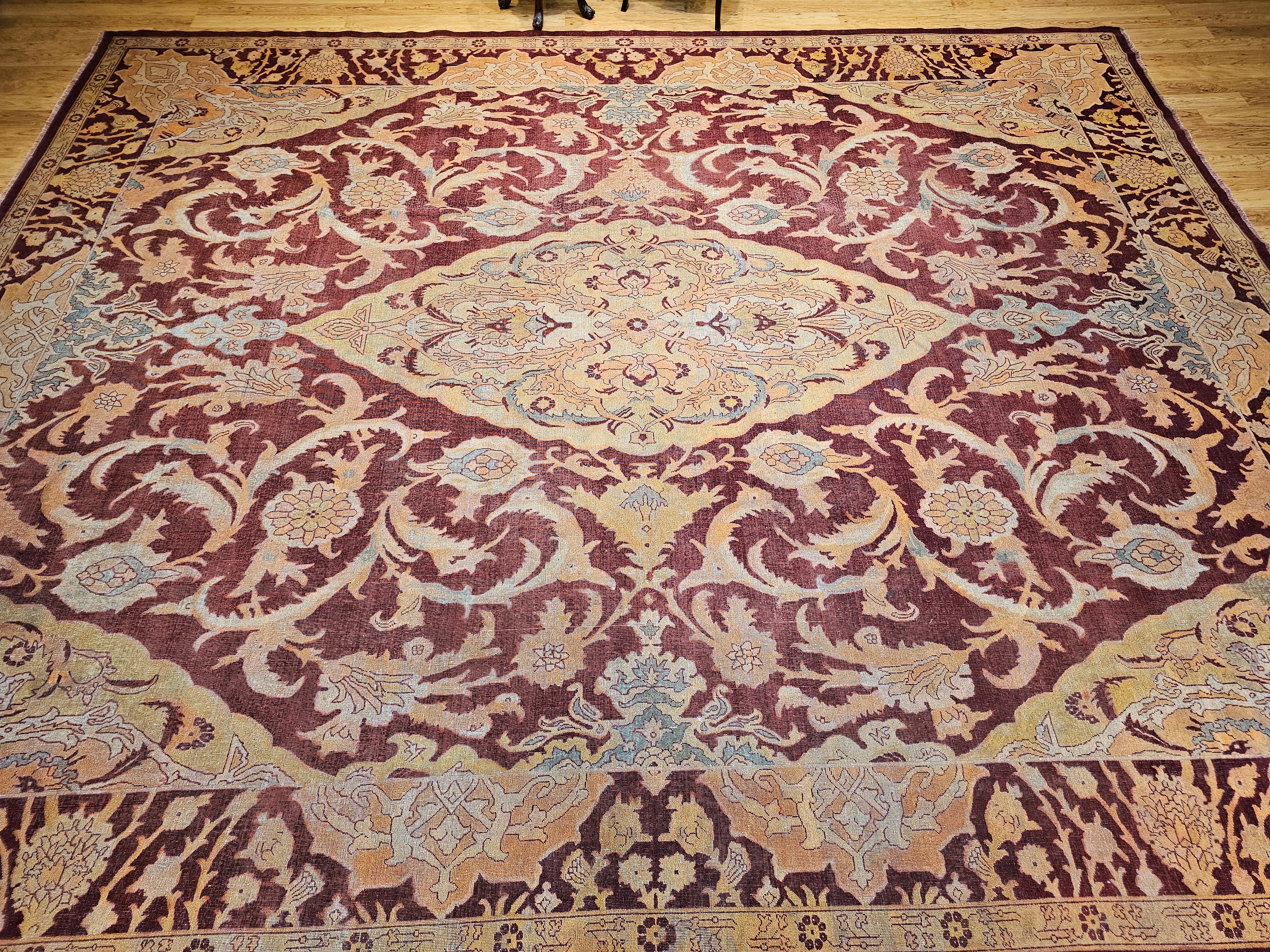 19th Century Indian Amritsar Room-Size Rug in Burgundy, Blue, Pale Yellow, Ivory For Sale 15