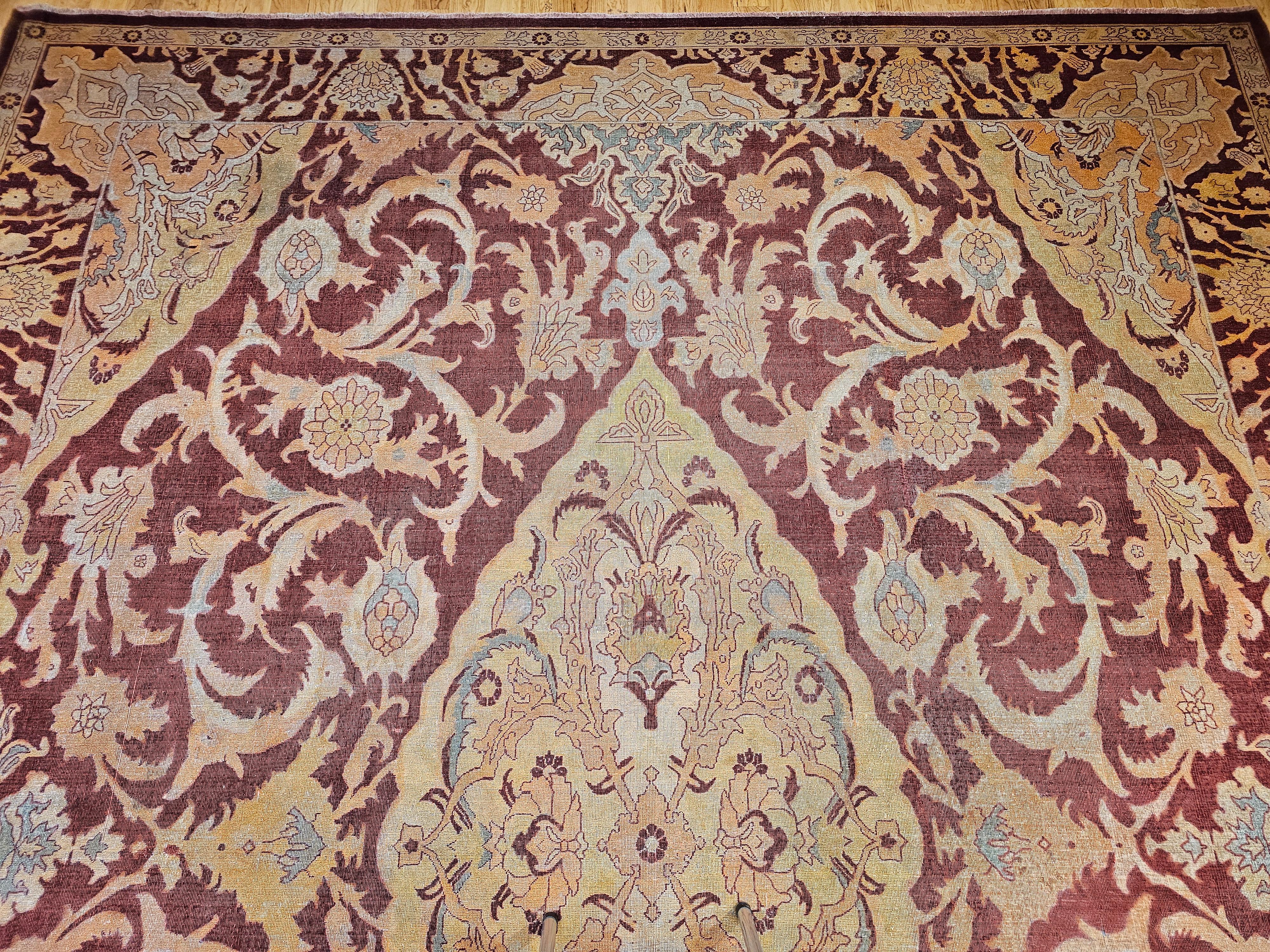 Hand-Woven 19th Century Indian Amritsar Room-Size Rug in Burgundy, Blue, Pale Yellow, Ivory For Sale