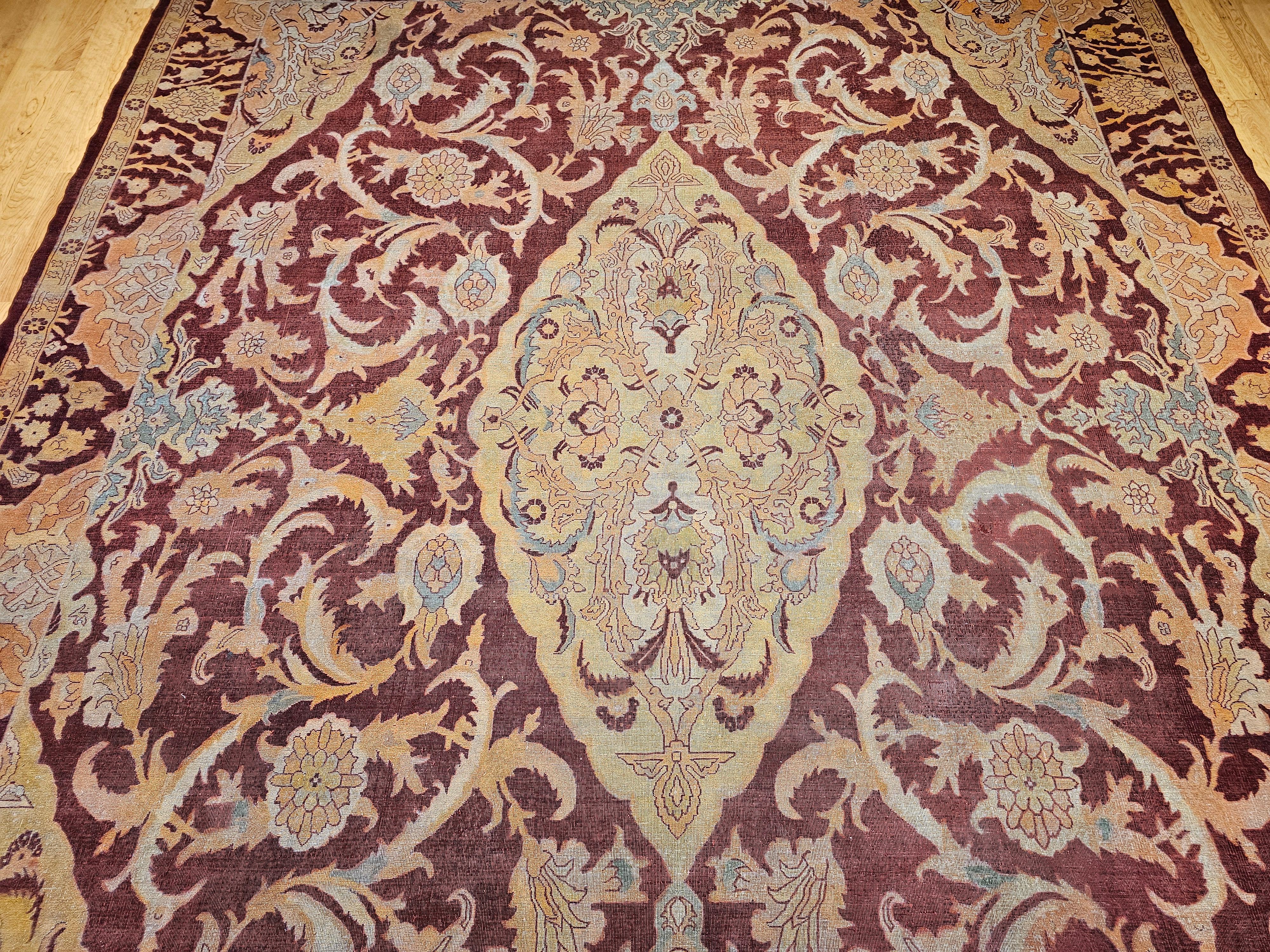 19th Century Indian Amritsar Room-Size Rug in Burgundy, Blue, Pale Yellow, Ivory In Good Condition For Sale In Barrington, IL