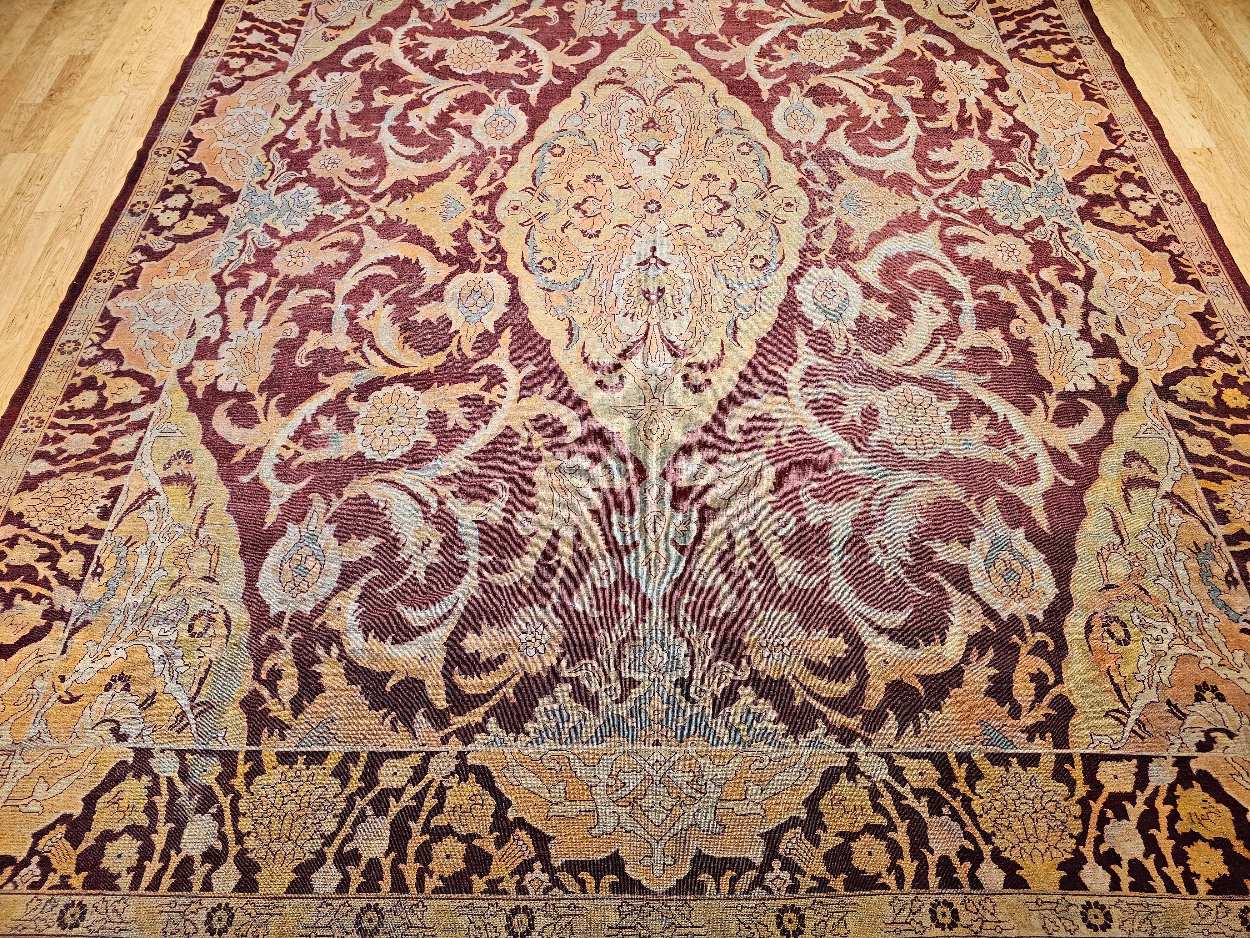 Wool 19th Century Indian Amritsar Room-Size Rug in Burgundy, Blue, Pale Yellow, Ivory For Sale