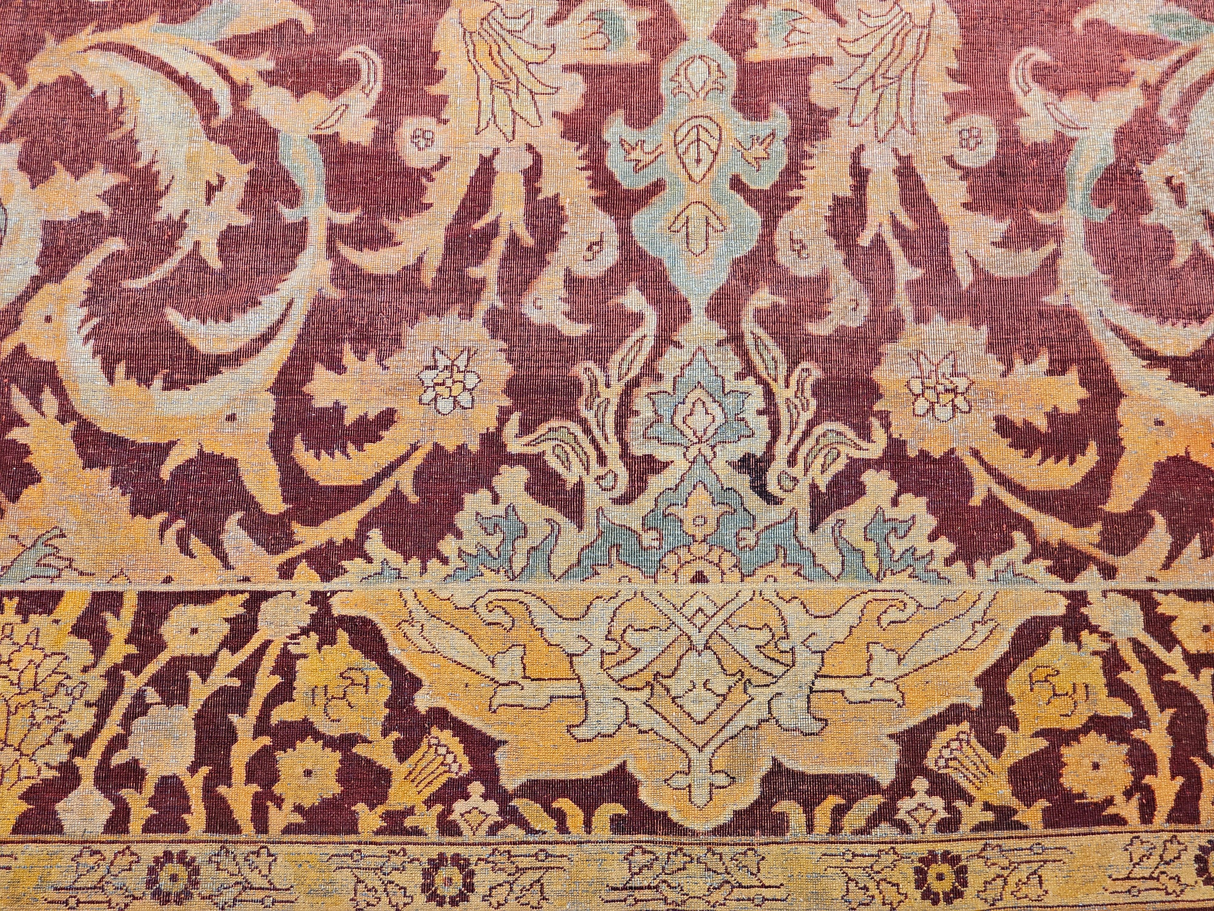 19th Century Indian Amritsar Room-Size Rug in Burgundy, Blue, Pale Yellow, Ivory For Sale 1