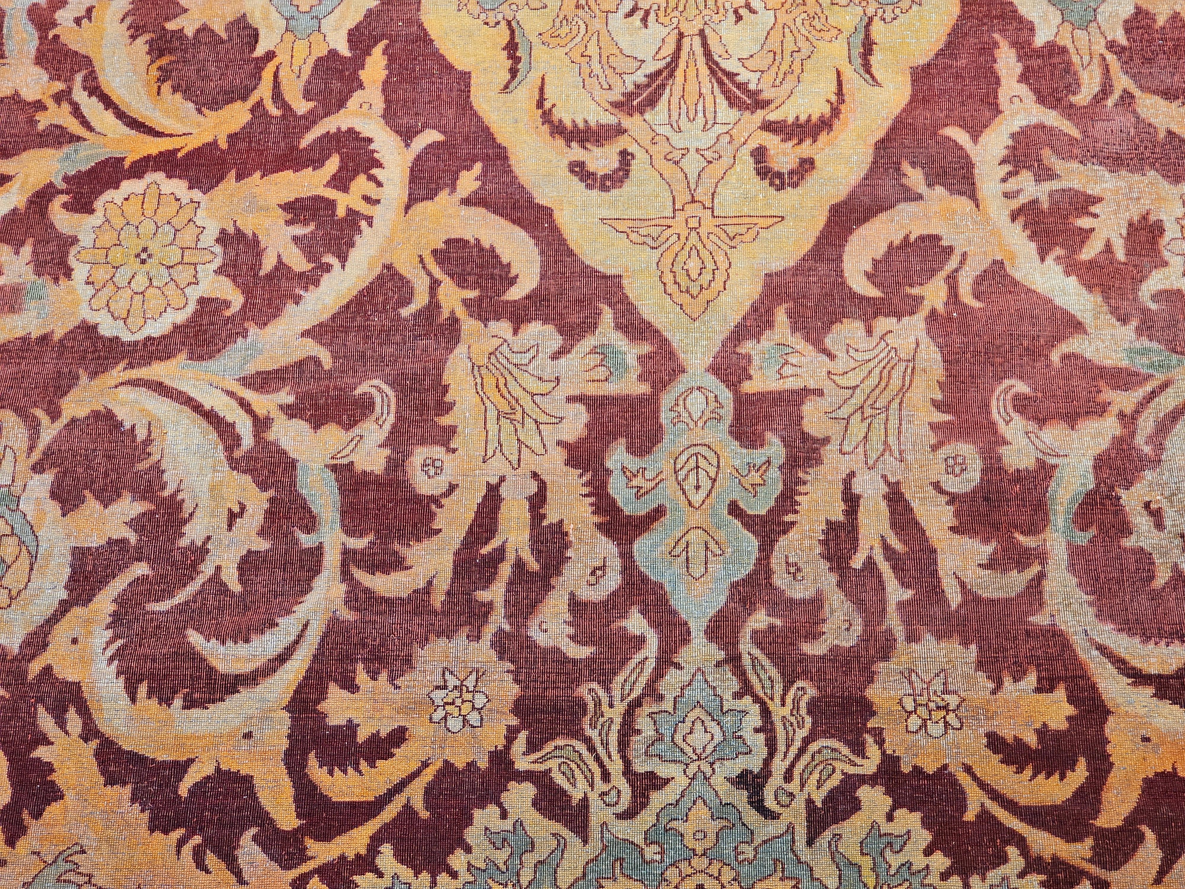 19th Century Indian Amritsar Room-Size Rug in Burgundy, Blue, Pale Yellow, Ivory For Sale 2
