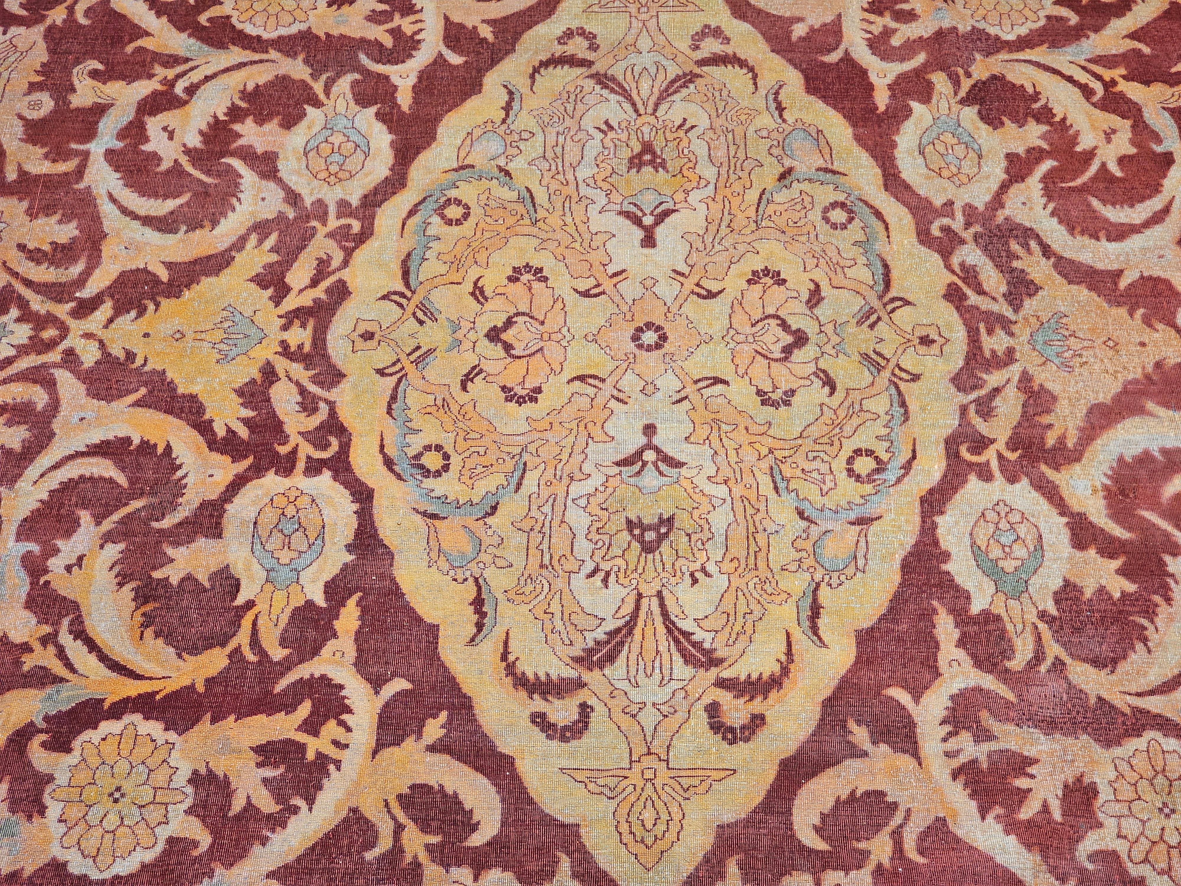 19th Century Indian Amritsar Room-Size Rug in Burgundy, Blue, Pale Yellow, Ivory For Sale 3