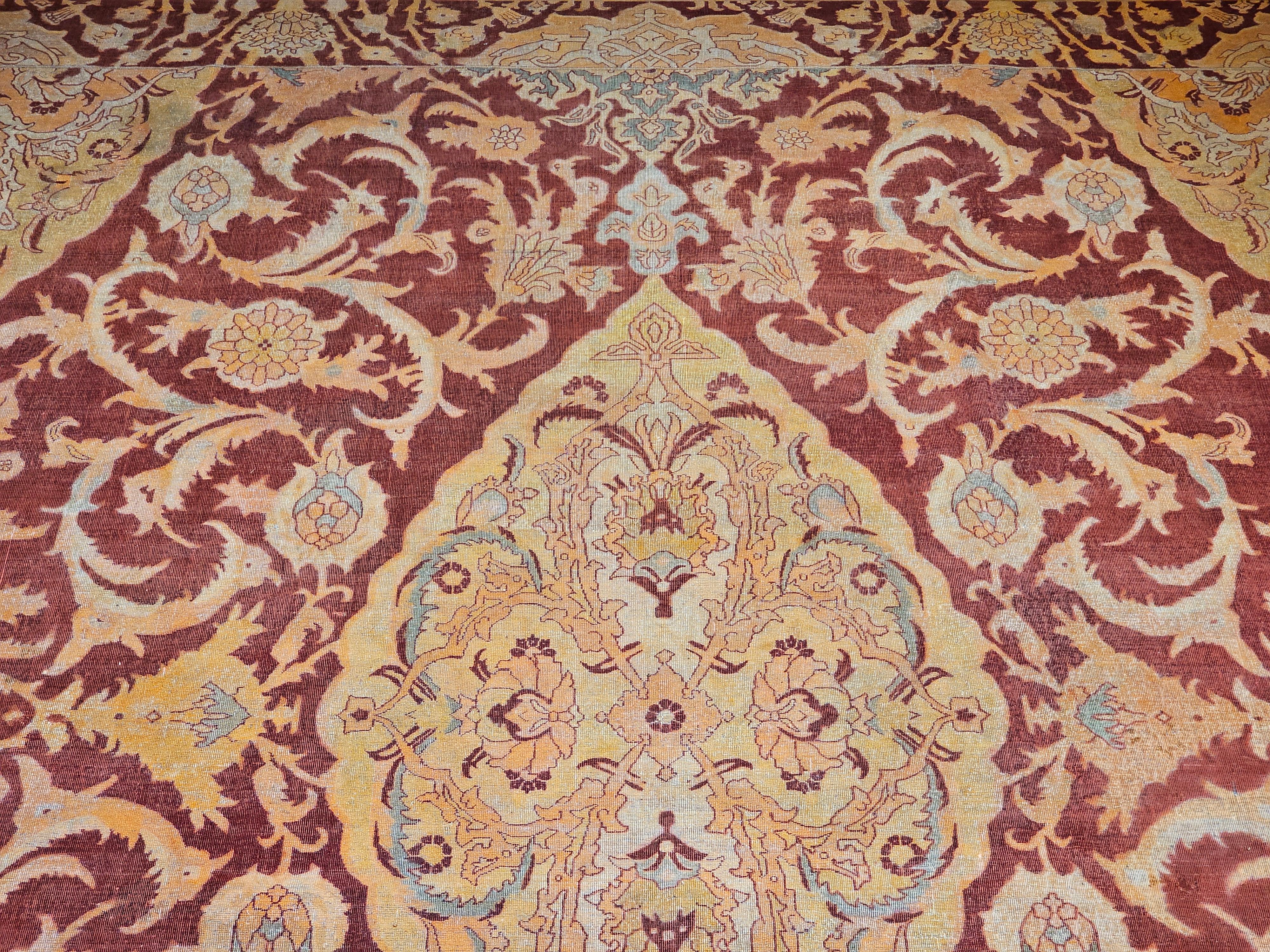 19th Century Indian Amritsar Room-Size Rug in Burgundy, Blue, Pale Yellow, Ivory For Sale 4
