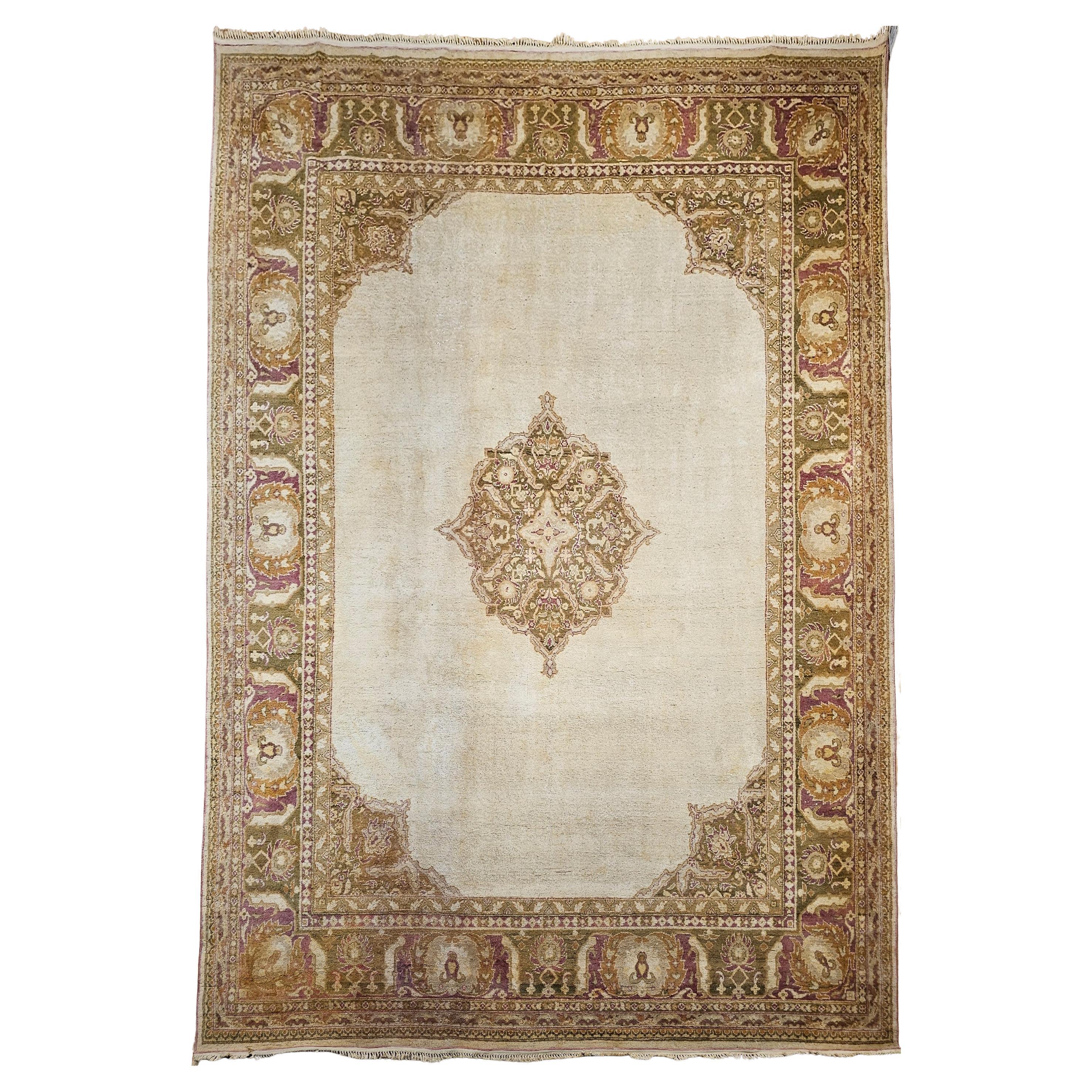 19th Century Indian Amritsar Room-Size Rug in Ivory, Lime Green, Brown, Pink