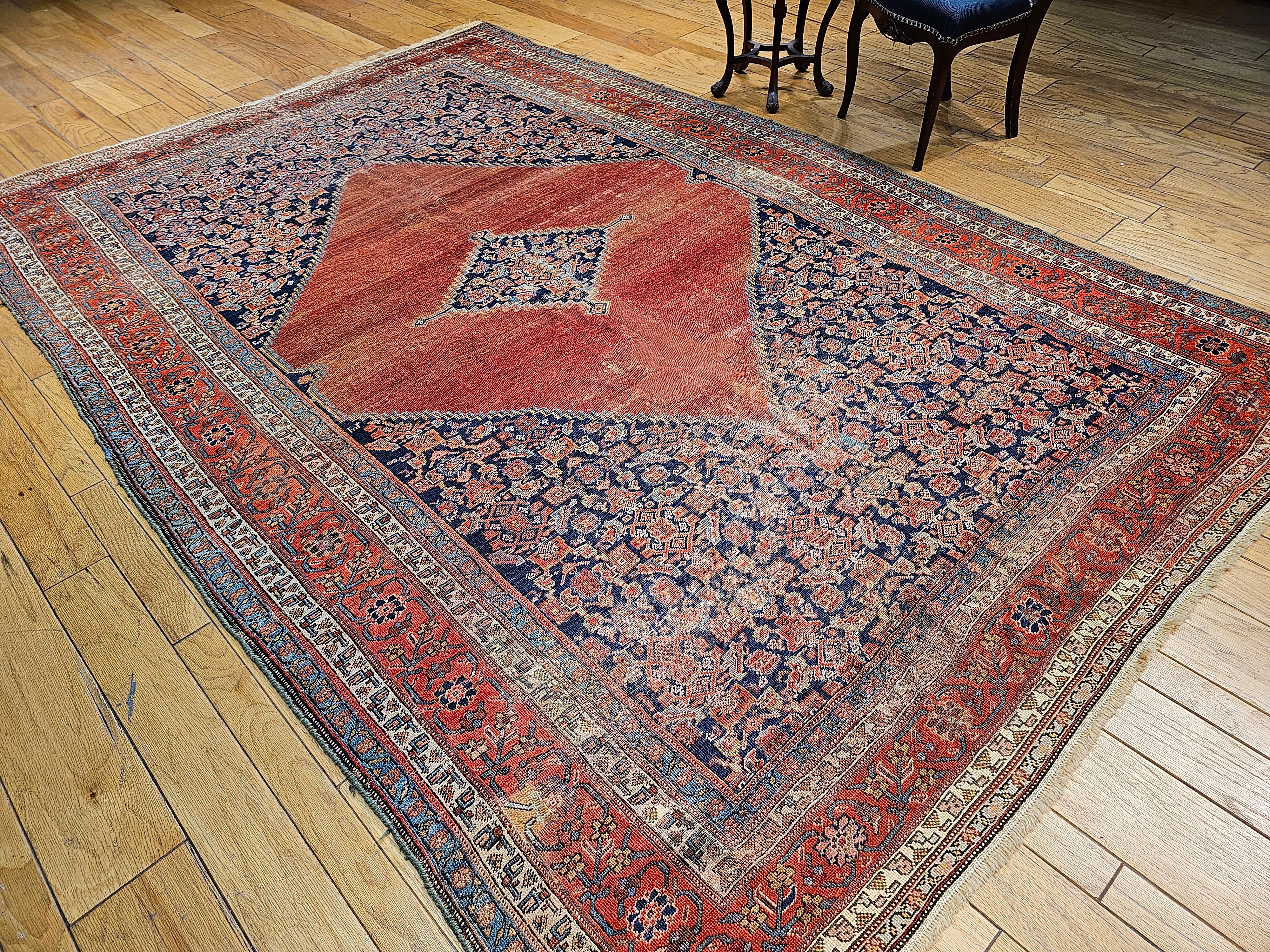 19th Century Room Size Persian Malayer in Terracotta Red, Navy, Baby Blue, Ivory For Sale 5