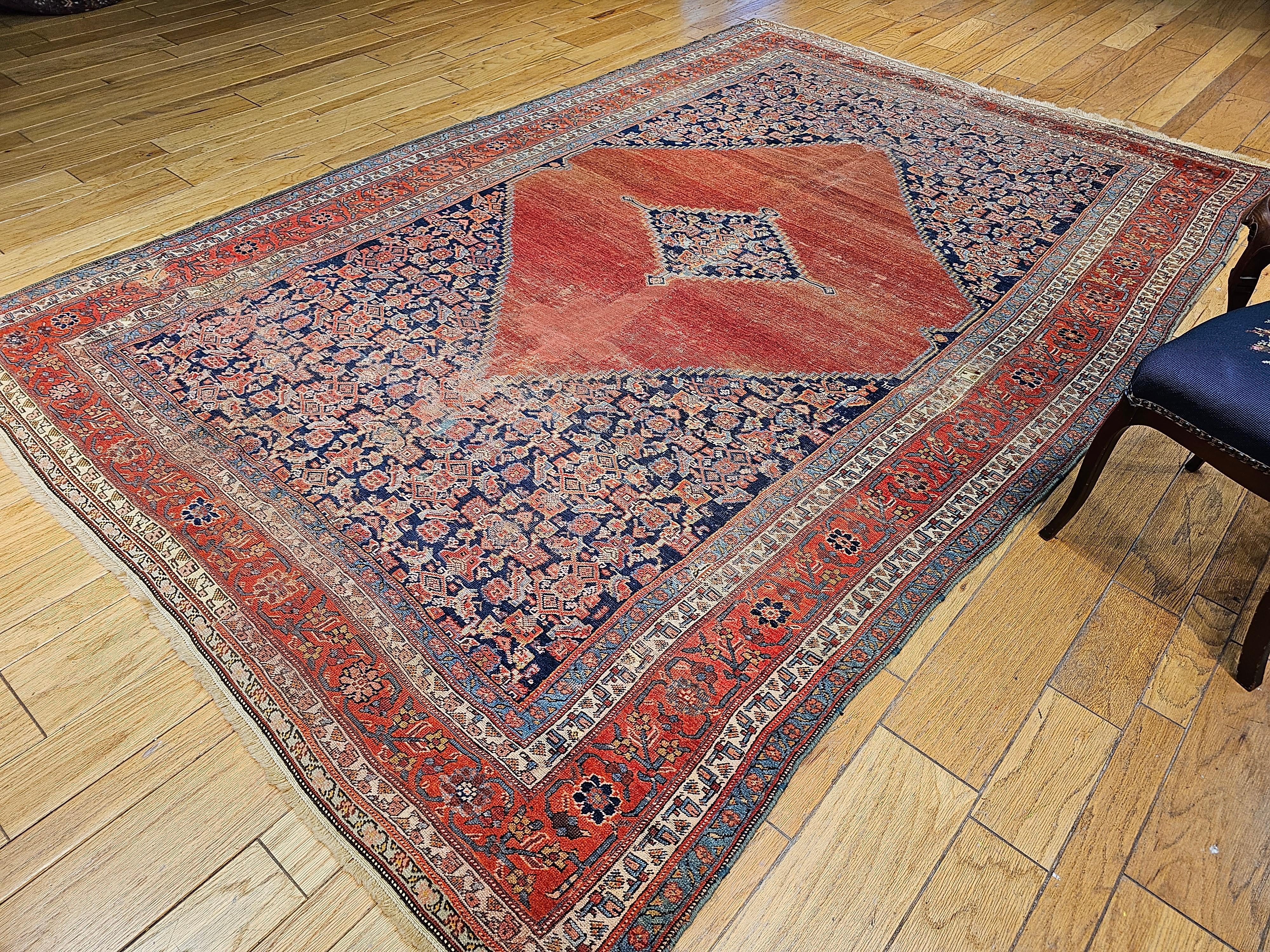 19th Century Room Size Persian Malayer in Terracotta Red, Navy, Baby Blue, Ivory For Sale 6