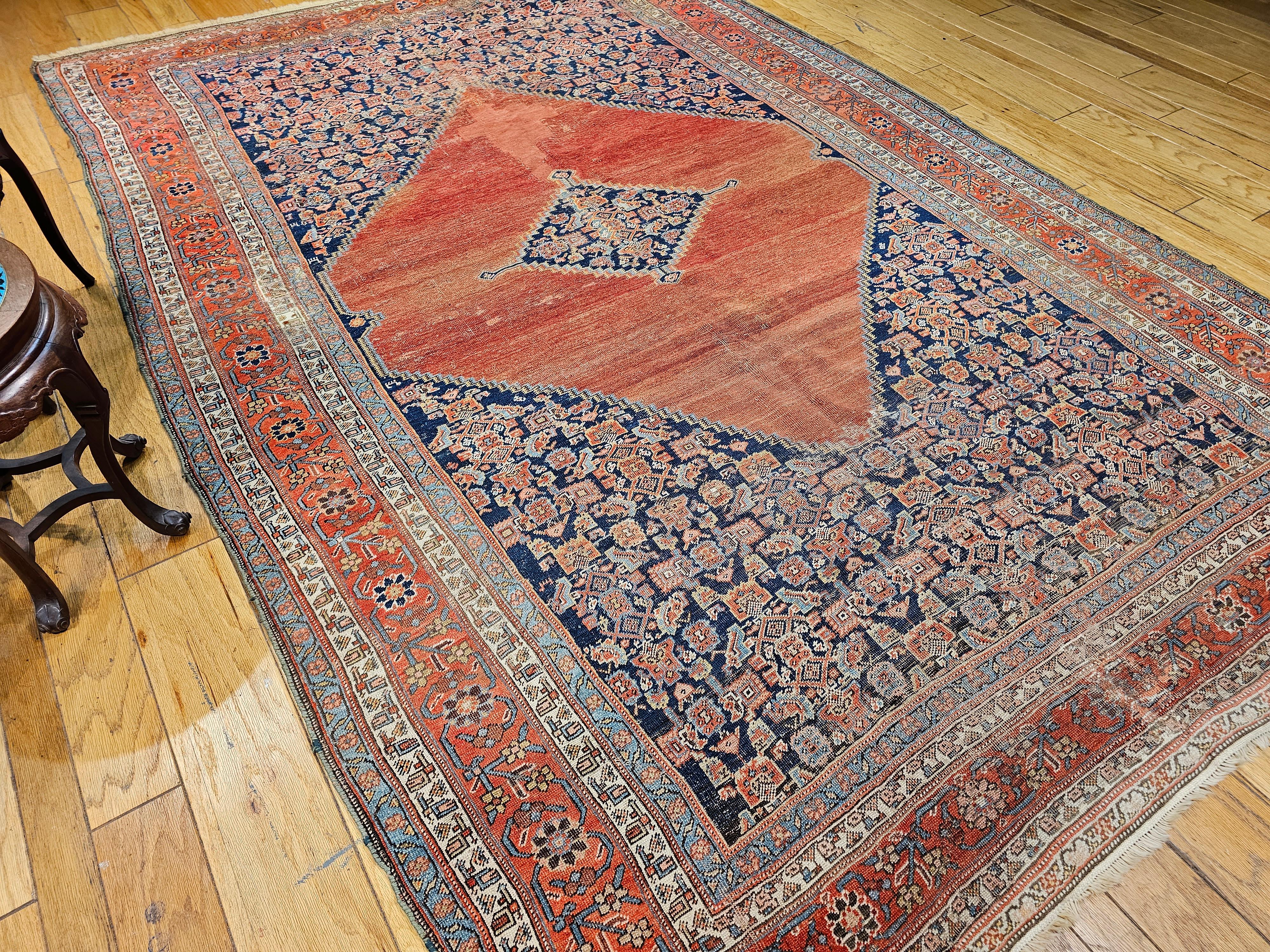 19th Century Room Size Persian Malayer in Terracotta Red, Navy, Baby Blue, Ivory For Sale 7