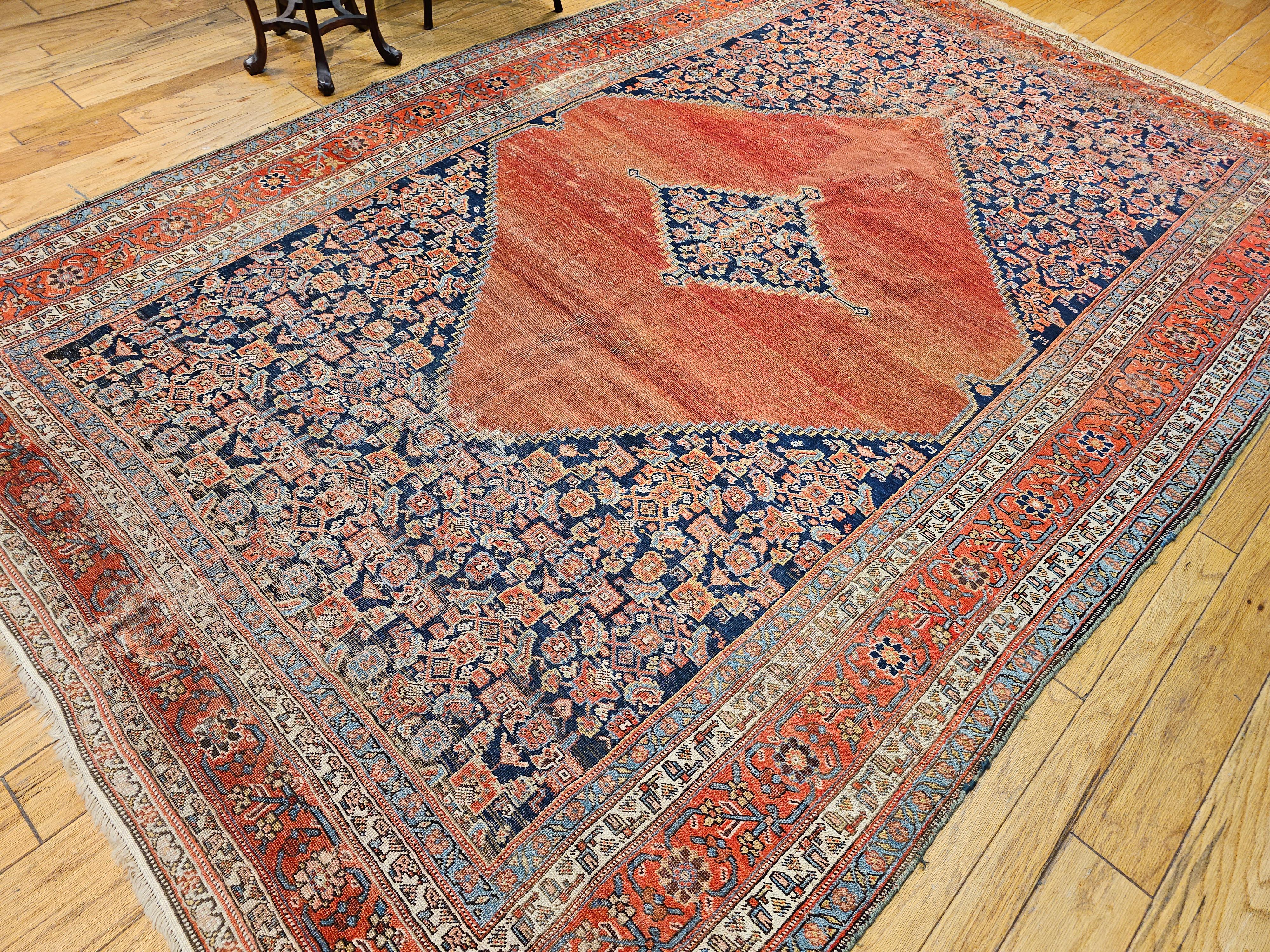 19th Century Room Size Persian Malayer in Terracotta Red, Navy, Baby Blue, Ivory For Sale 8