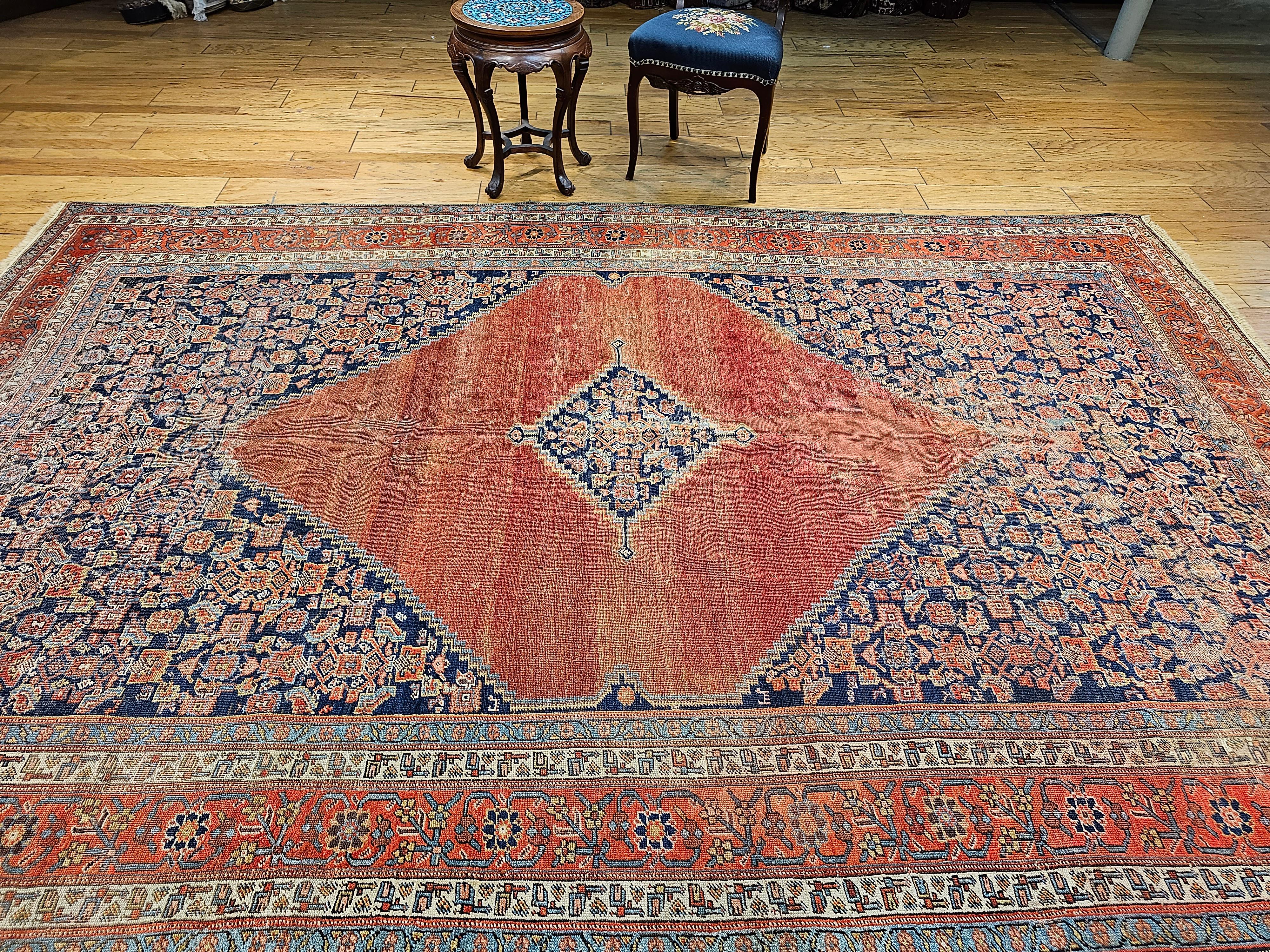 19th Century Room Size Persian Malayer in Terracotta Red, Navy, Baby Blue, Ivory For Sale 9