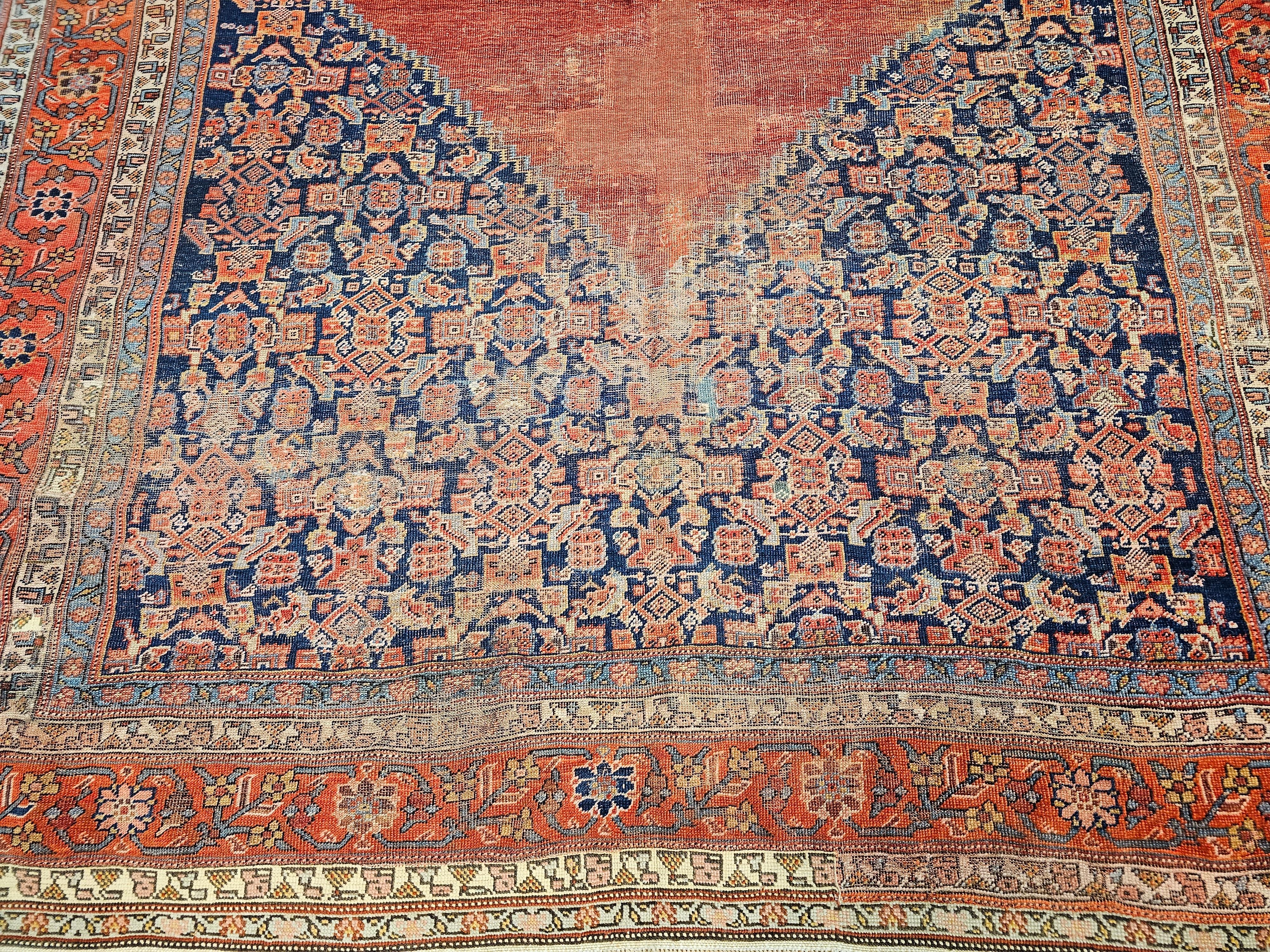 Hand-Woven 19th Century Room Size Persian Malayer in Terracotta Red, Navy, Baby Blue, Ivory For Sale