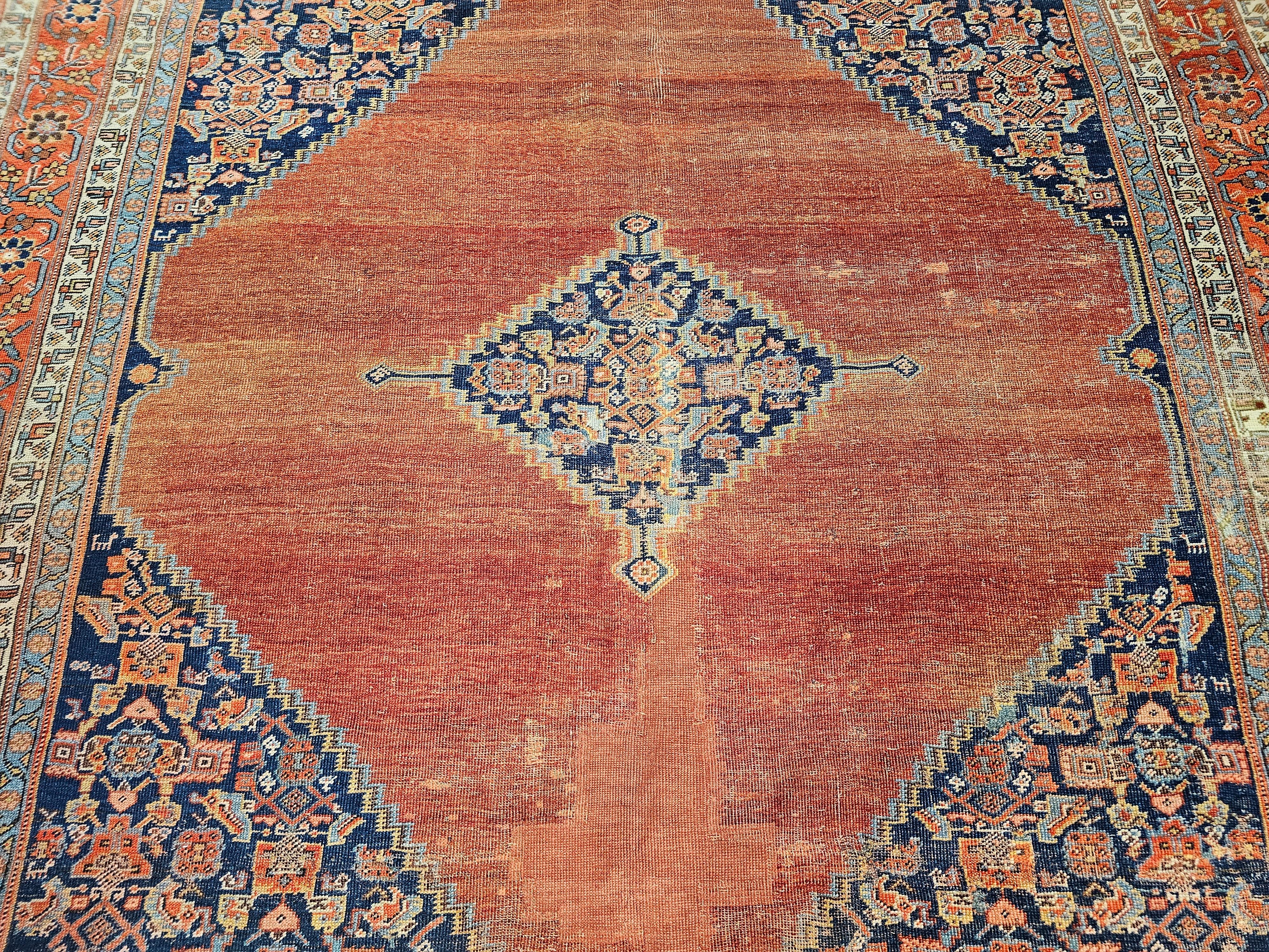 19th Century Room Size Persian Malayer in Terracotta Red, Navy, Baby Blue, Ivory In Good Condition For Sale In Barrington, IL