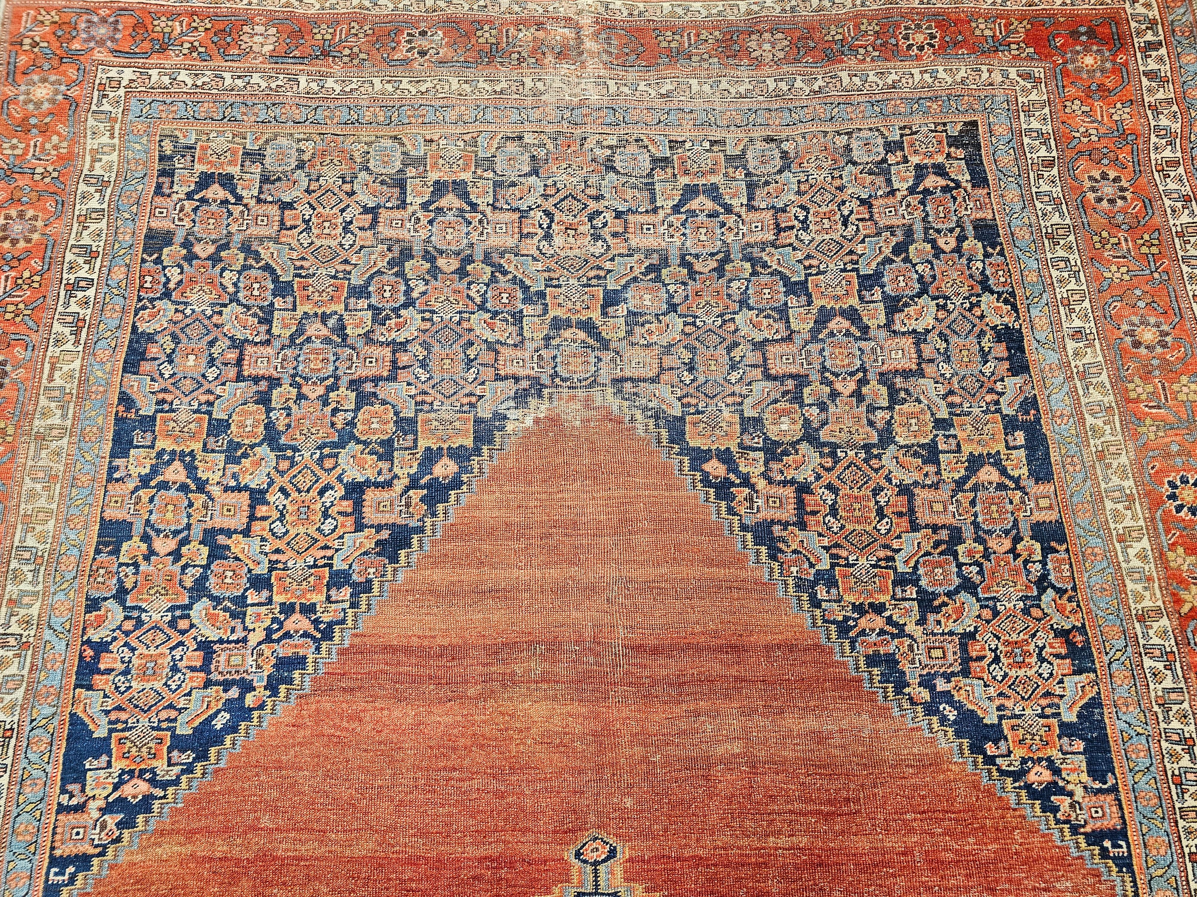 Wool 19th Century Room Size Persian Malayer in Terracotta Red, Navy, Baby Blue, Ivory For Sale