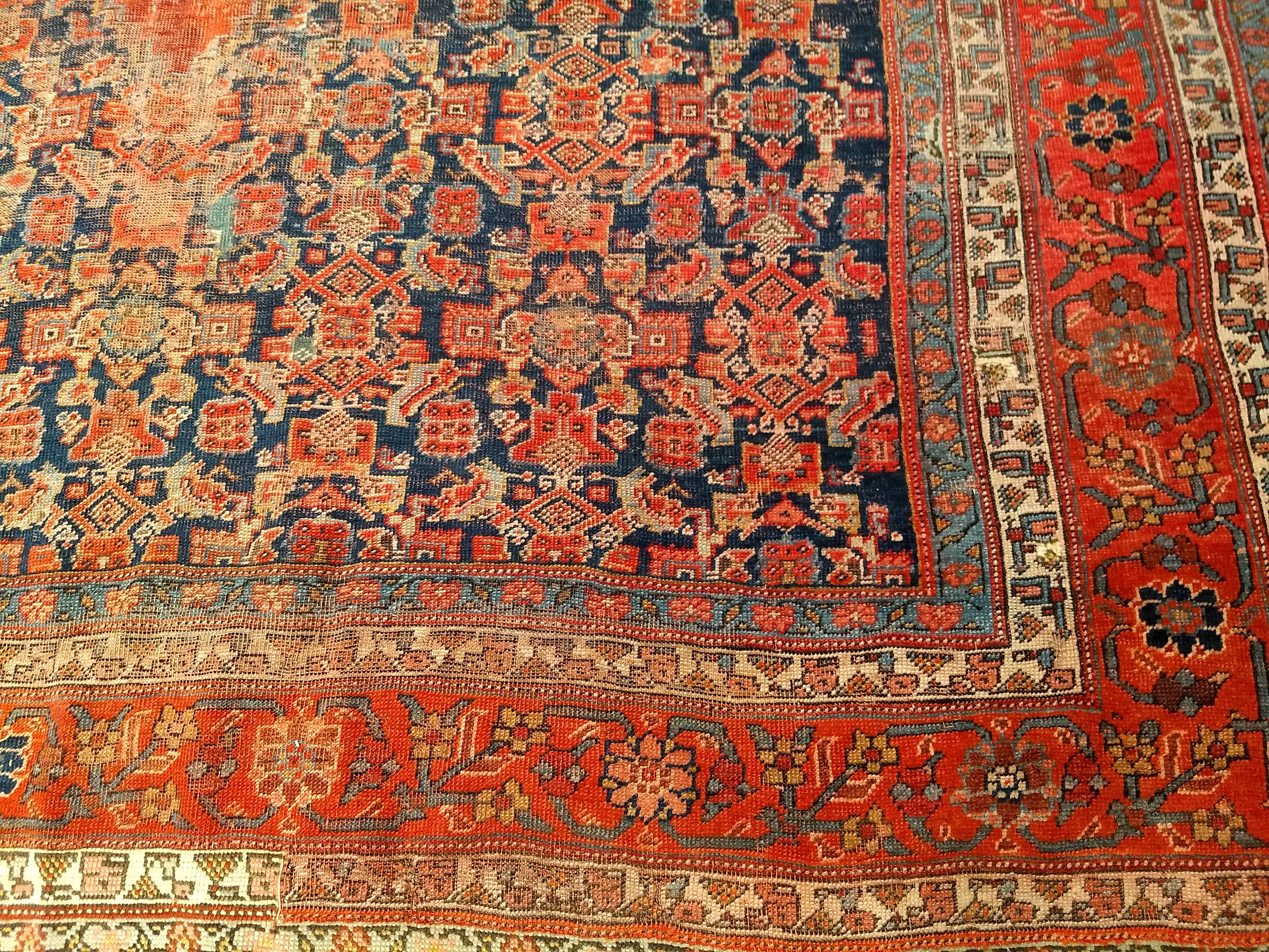 19th Century Room Size Persian Malayer in Terracotta Red, Navy, Baby Blue, Ivory For Sale 3