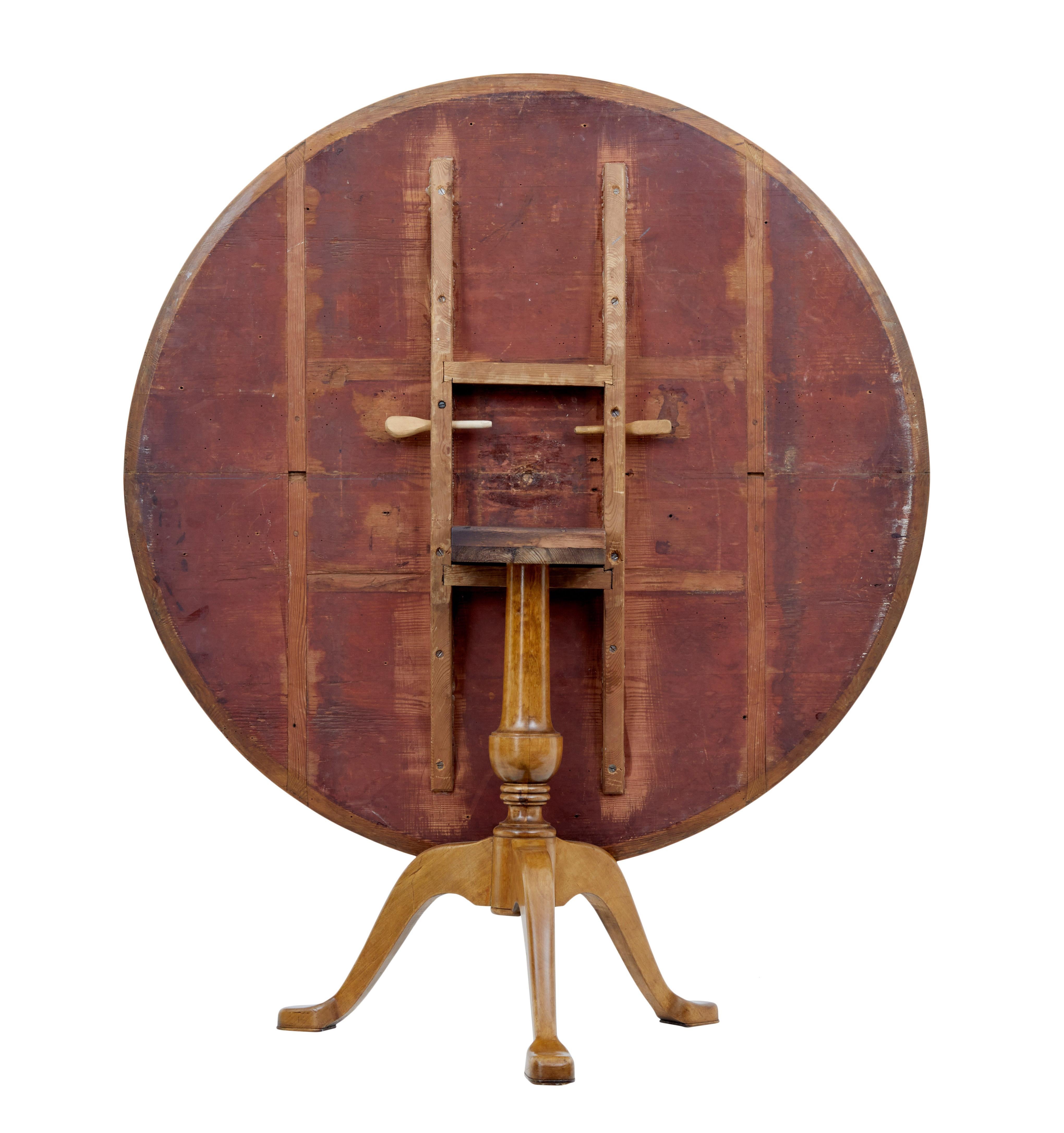 Circular tilt-top table, circa 1880.

Top using birch root veneers, supported by a turned stem base and standing on a tripod base and pad foot.

Minor surface marks, slight natural warping to top.