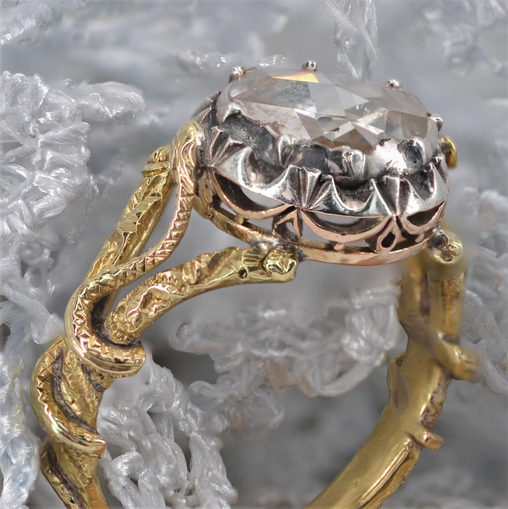 Women's 19th Century Rose-Cut Diamond 18 Karat Yellow Gold Solitaire Ring For Sale