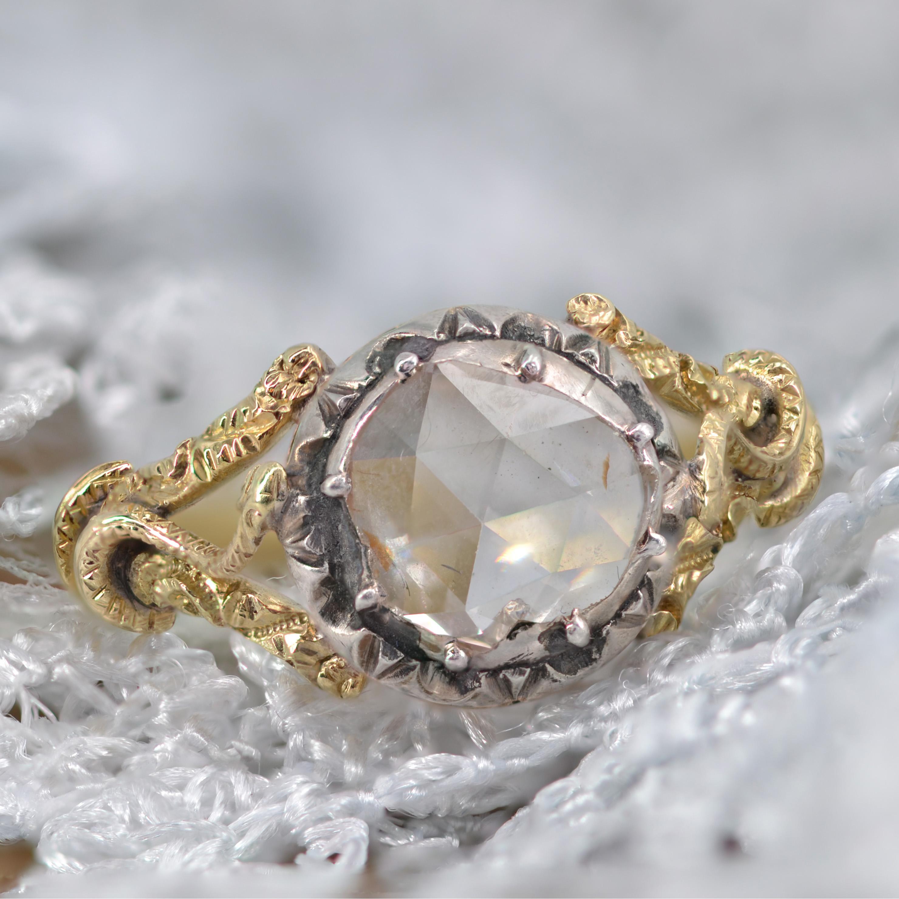 Bague solitaire en or jaune 18 carats avec diamants taille rose du XIXe sicle en vente 3