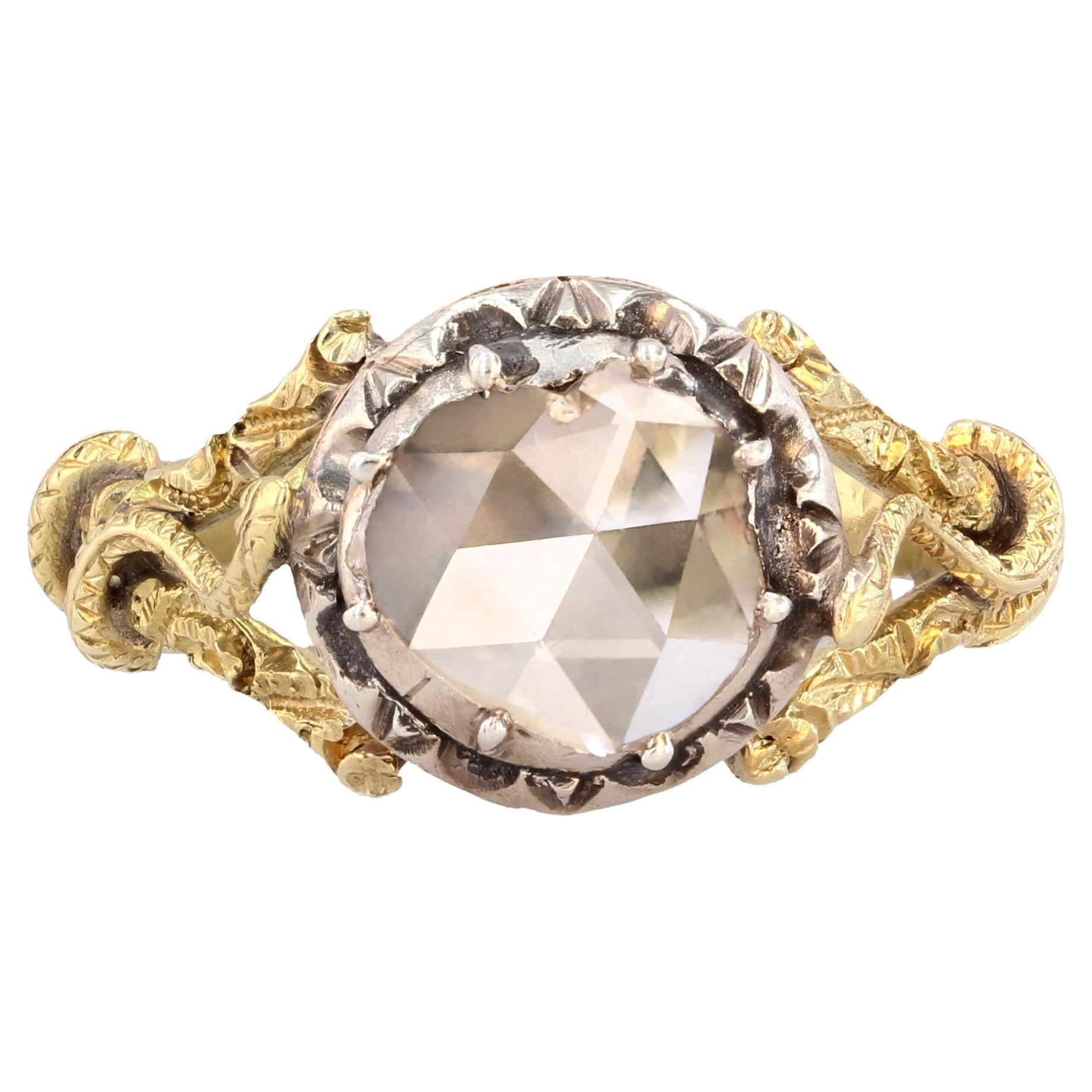 Bague solitaire en or jaune 18 carats avec diamants taille rose du XIXe sicle