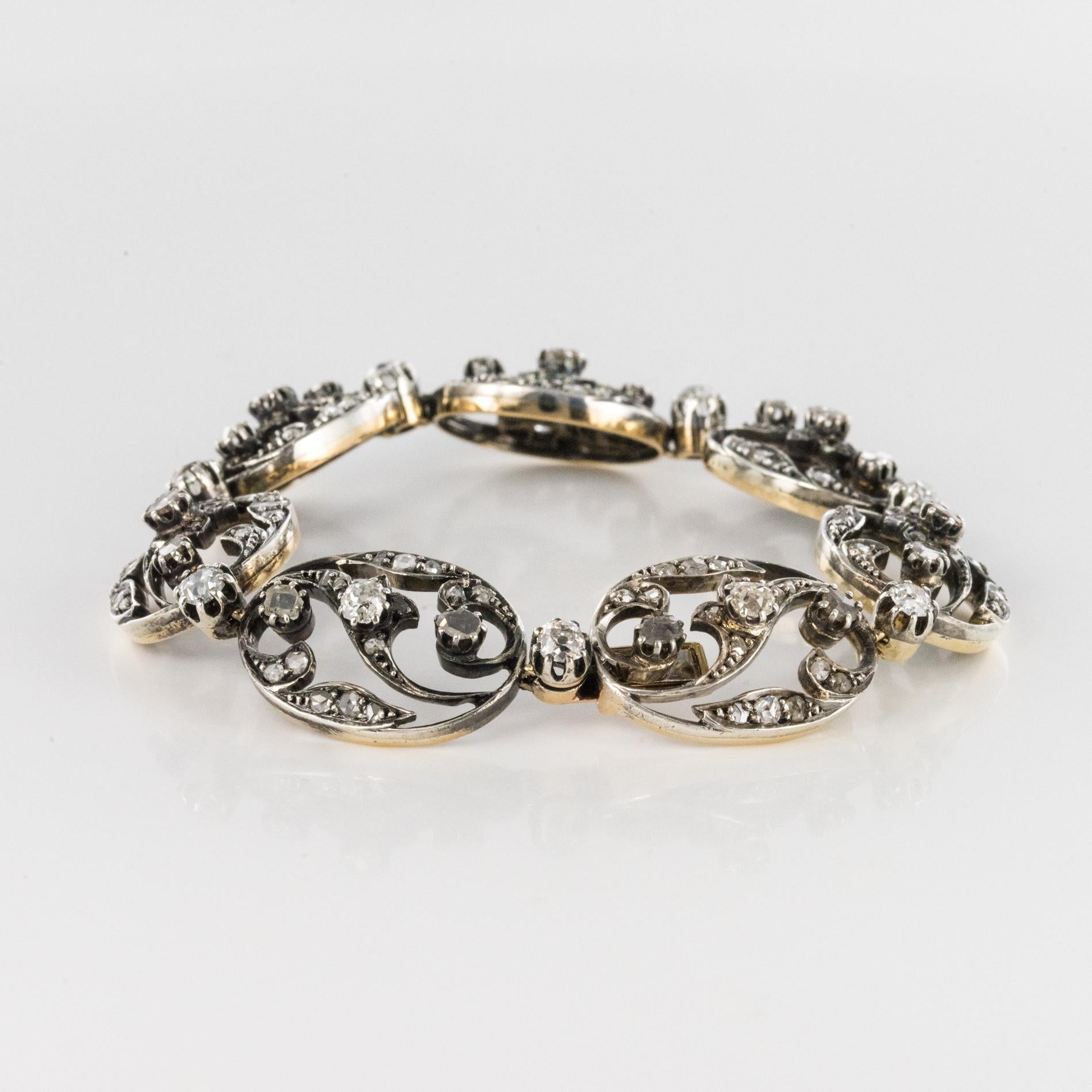 19th Century Rose-Cut Diamonds 18 Karat Yellow Gold Silver Bracelet For Sale 8