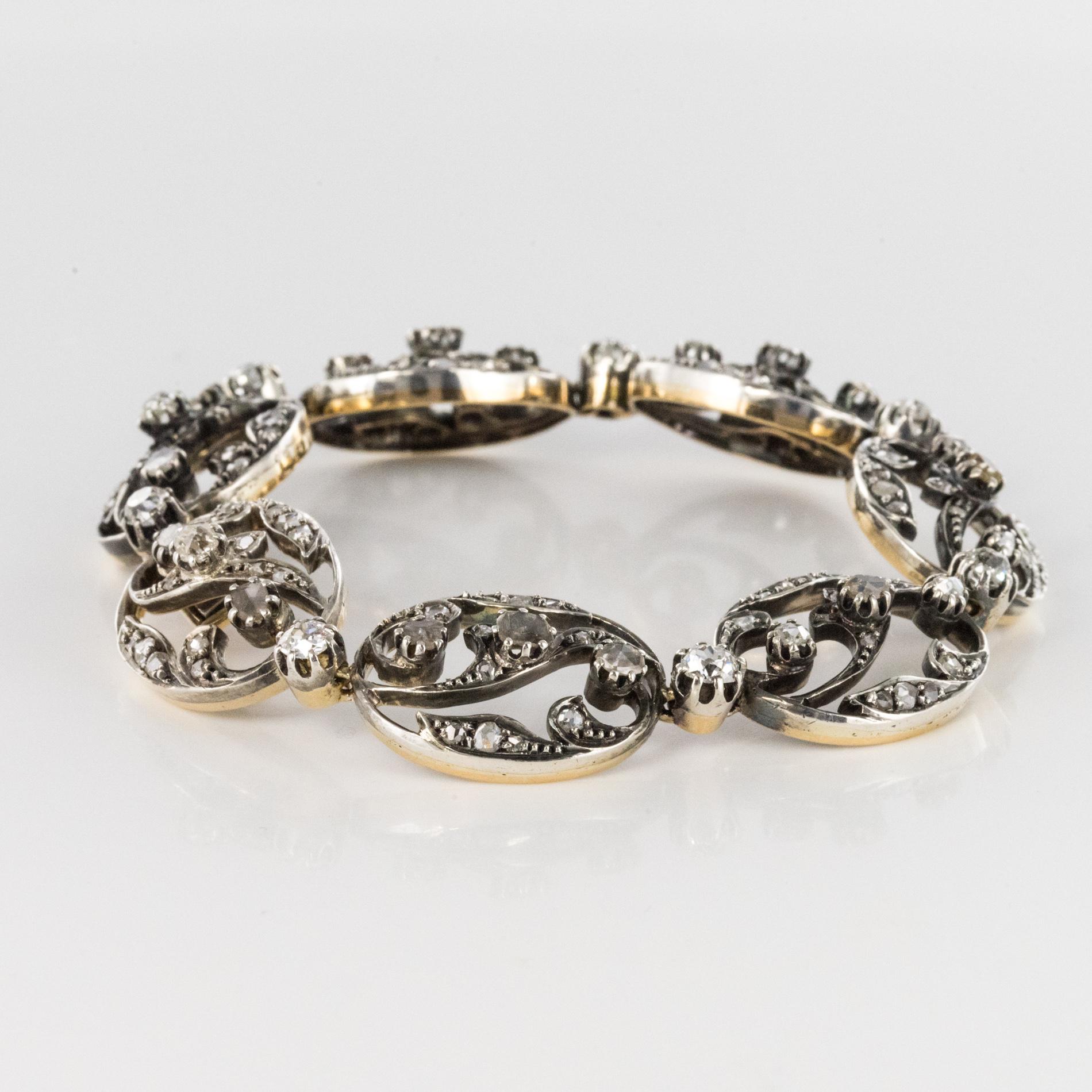 19th Century Rose-Cut Diamonds 18 Karat Yellow Gold Silver Bracelet For Sale 9