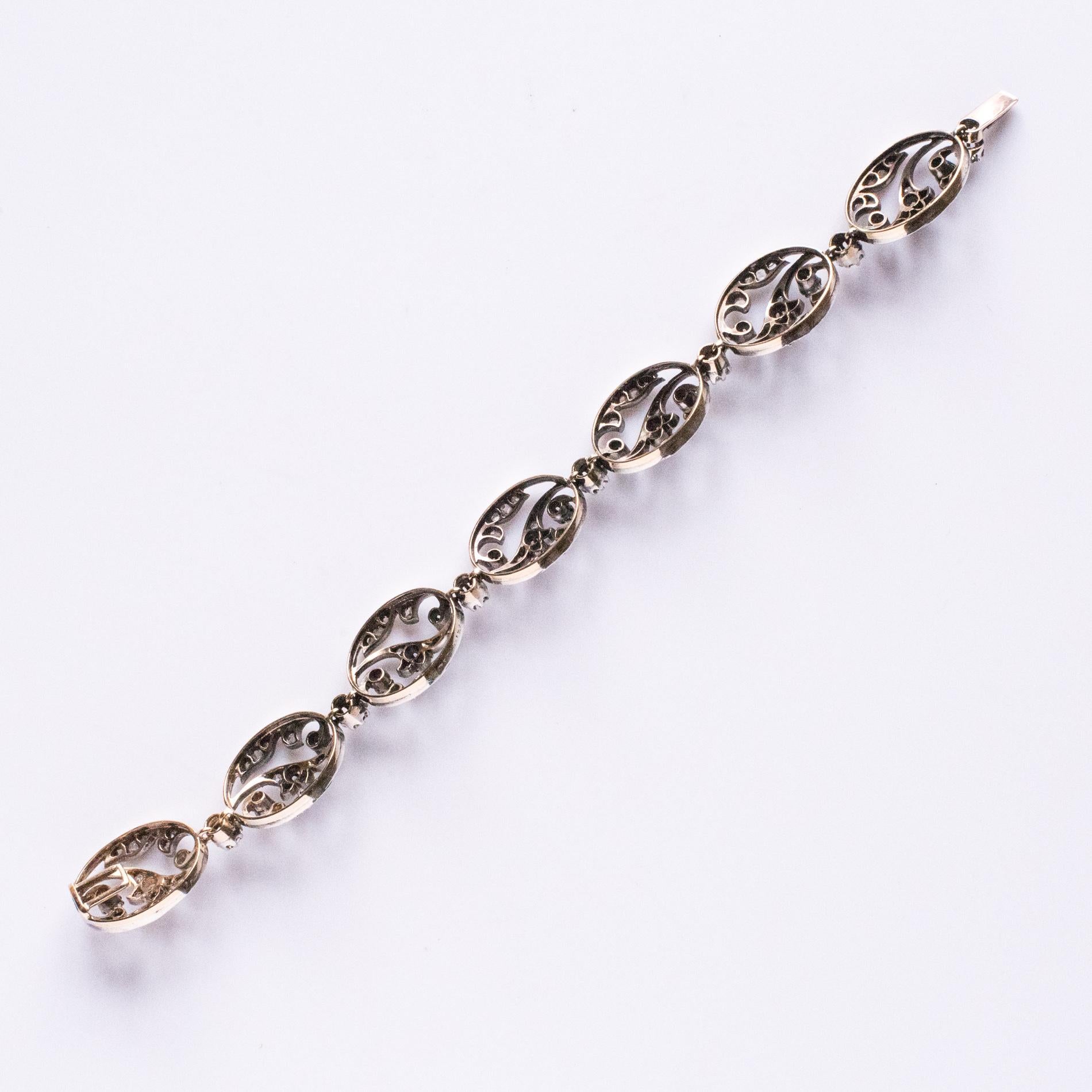 19th Century Rose-Cut Diamonds 18 Karat Yellow Gold Silver Bracelet For Sale 10