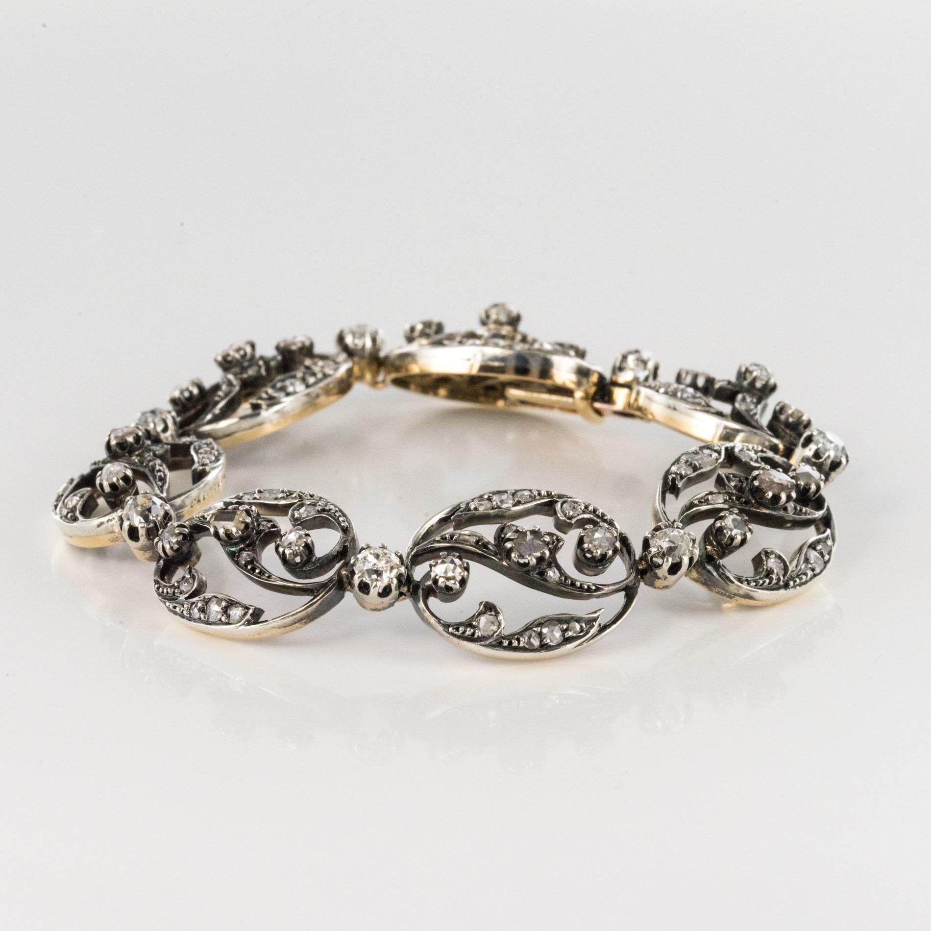 Armband aus 18 Karat Gelbgold und Silber mit Diamanten im Rosenschliff aus dem 19. Jahrhundert (Belle Époque) im Angebot