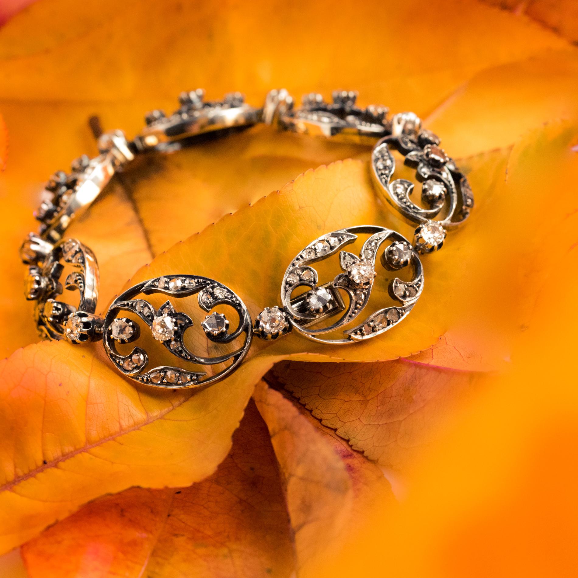 Taille brillant Bracelet en argent et or jaune 18 carats avec diamants taills en rose, XIXe sicle en vente