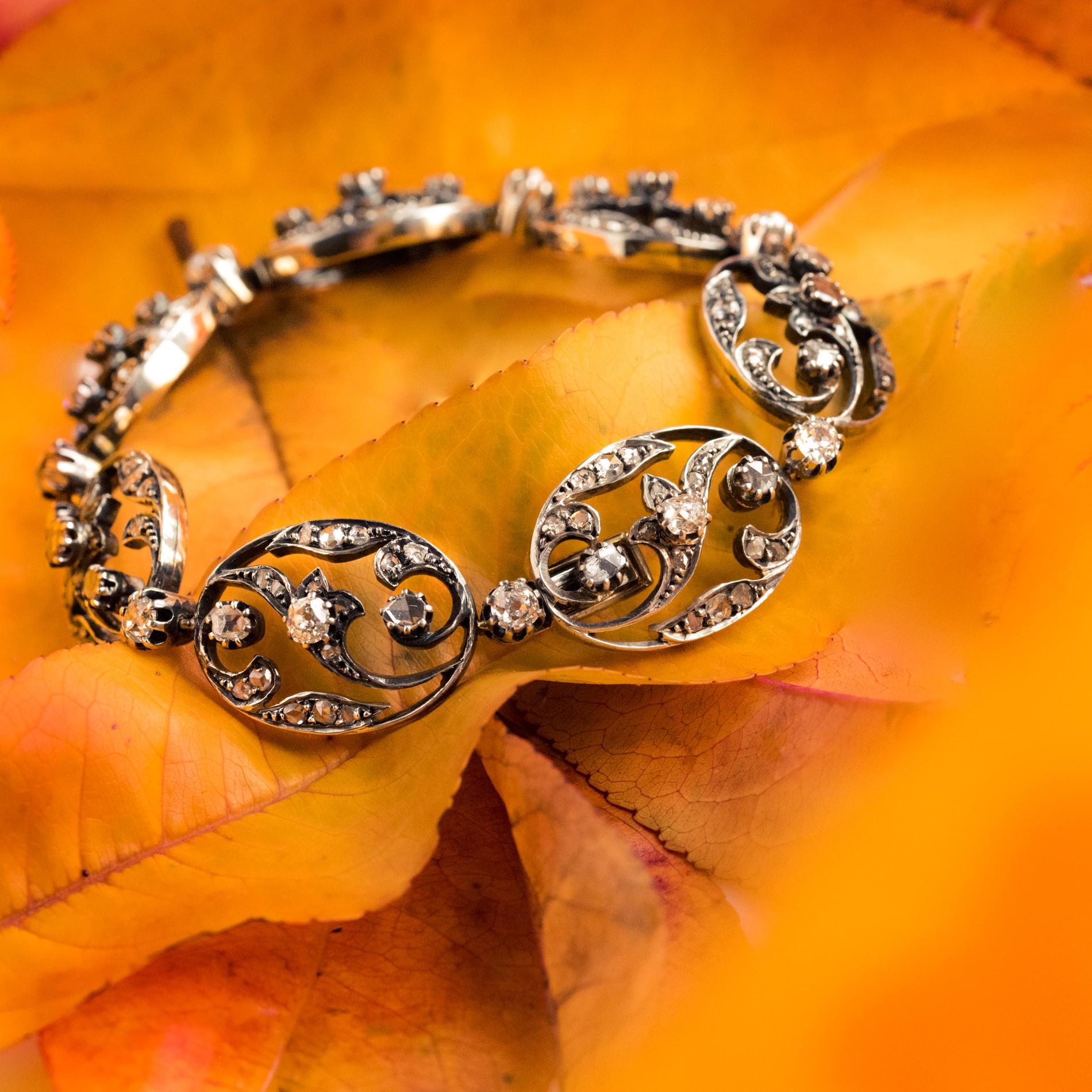 Belle Époque 19th Century Rose-Cut Diamonds 18 Karat Yellow Gold Silver Bracelet For Sale