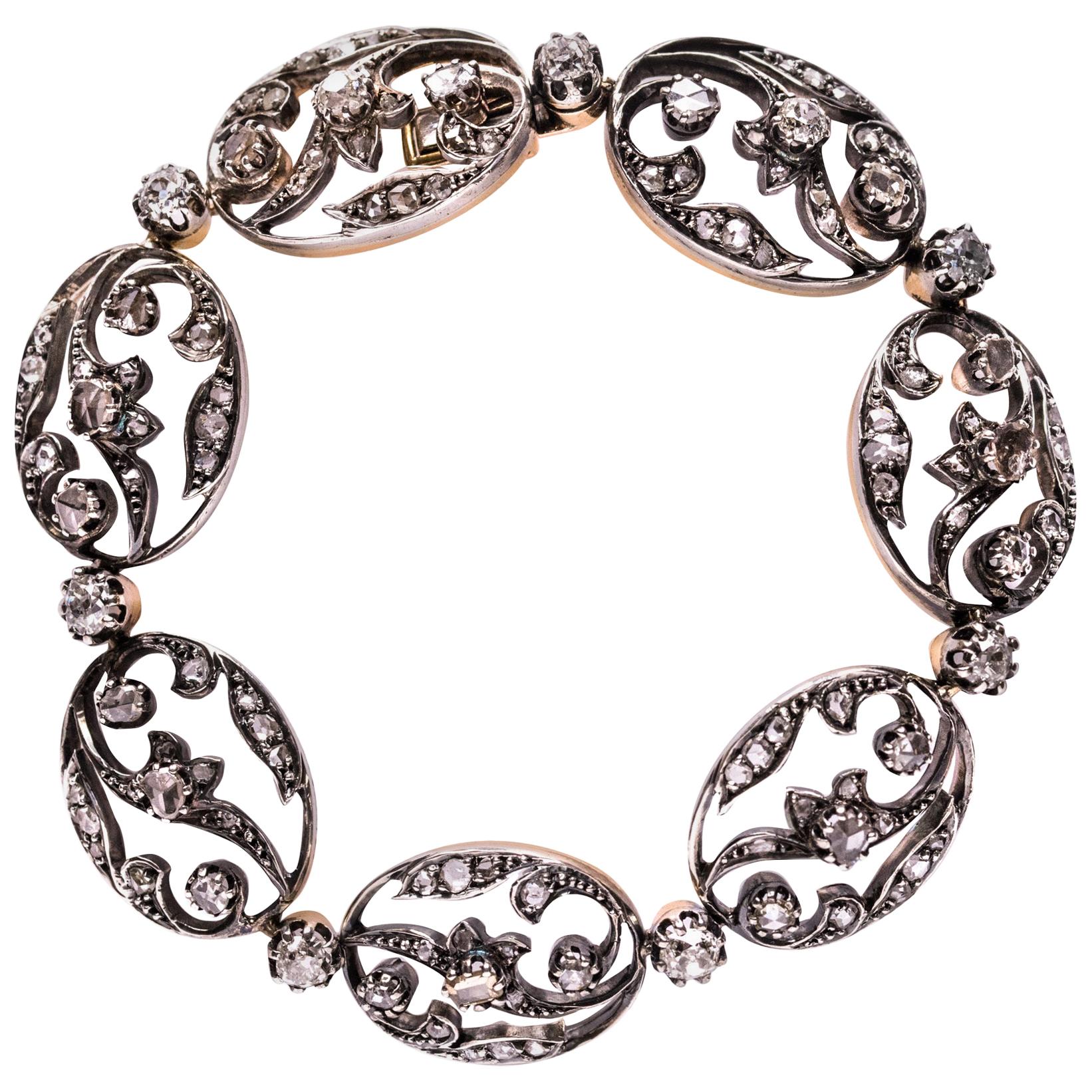 19th Century Rose-Cut Diamonds 18 Karat Yellow Gold Silver Bracelet For Sale