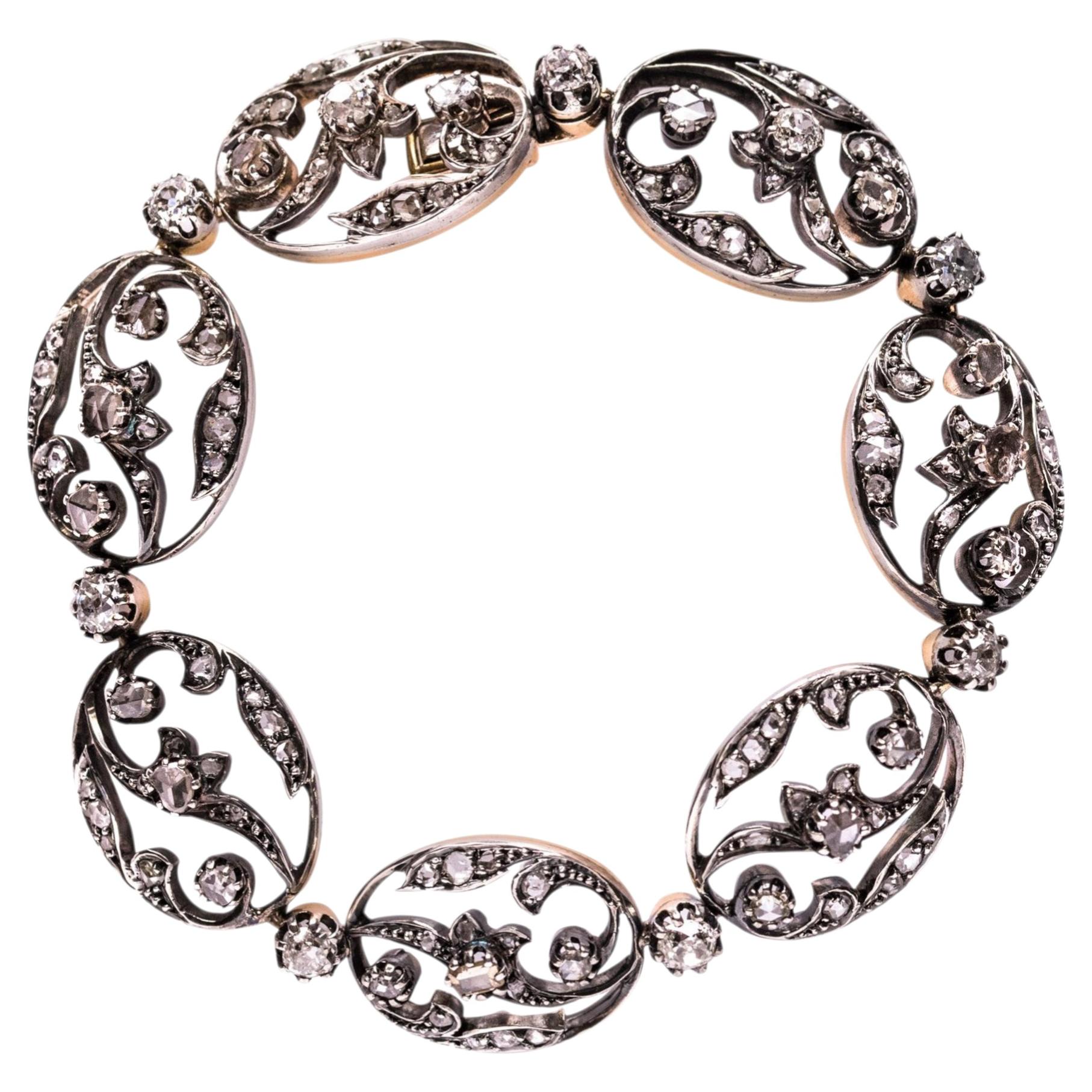 Pulsera de plata y oro amarillo de 18 quilates con diamantes talla rosa del siglo XIX