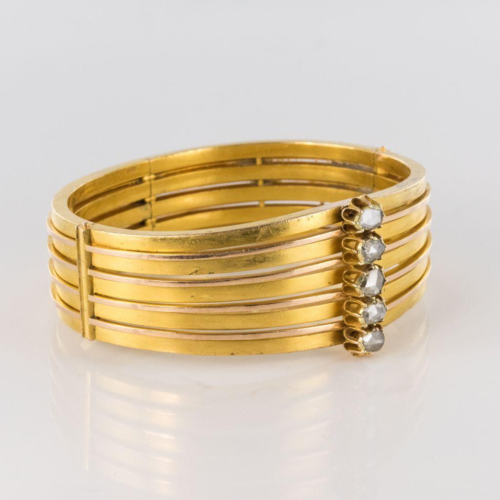 19th Century Rosecut Diamonds Matte Yellow Gold Bangle Bracelet For Sale 4