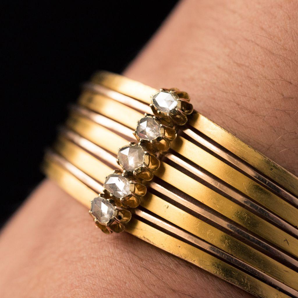 Napoleon III 19th Century Rosecut Diamonds Matte Yellow Gold Bangle Bracelet For Sale