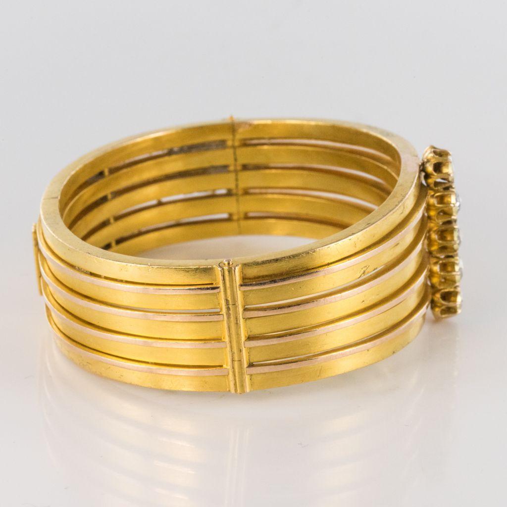 Rose Cut 19th Century Rosecut Diamonds Matte Yellow Gold Bangle Bracelet For Sale