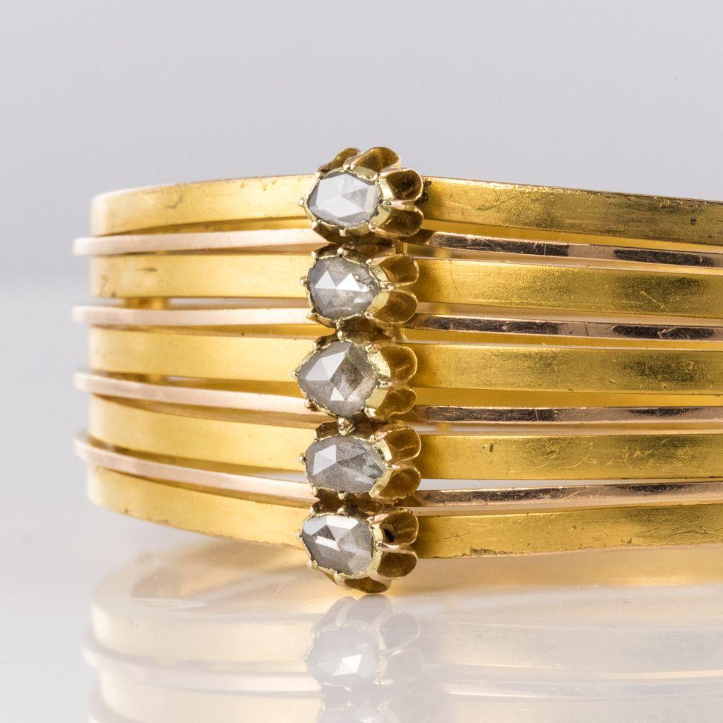 Women's 19th Century Rosecut Diamonds Matte Yellow Gold Bangle Bracelet For Sale