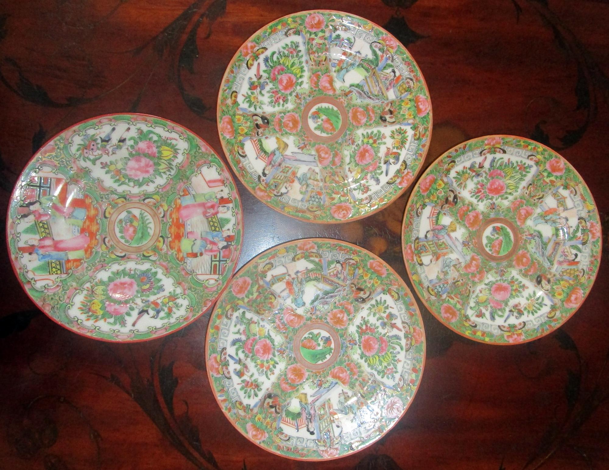 Porcelain 19th Century Rose Medallion Chinese Export Dessert Plate Set of Four