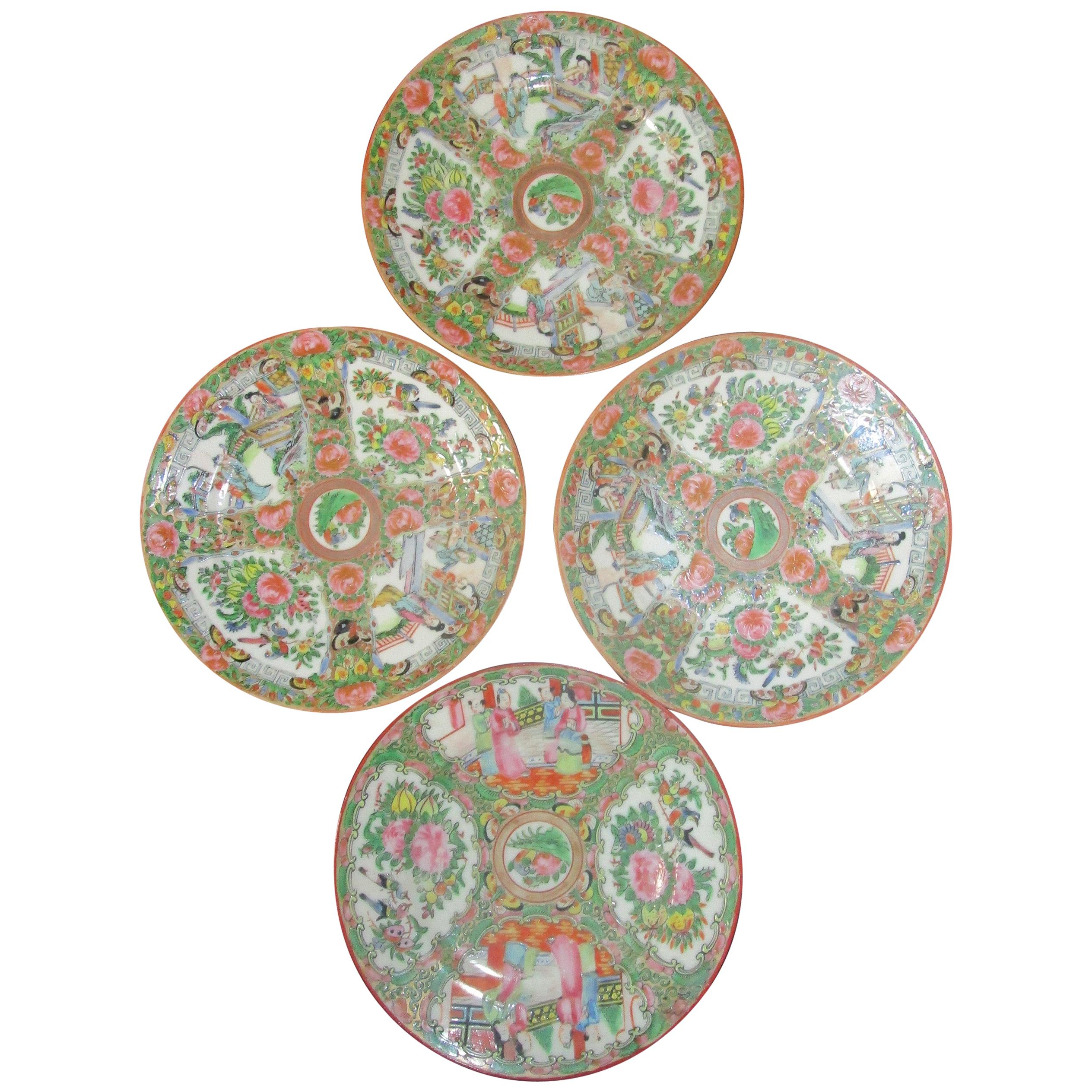 19th Century Rose Medallion Chinese Export Dessert Plate Set of Four