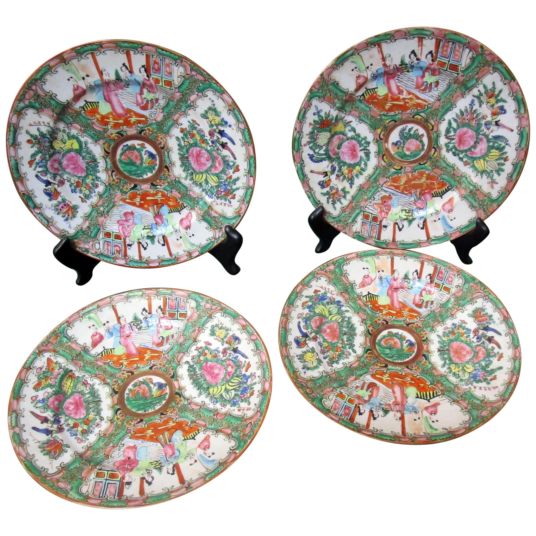 19th Century Rose Medallion Chinese Export Dinner Plate Set of Four