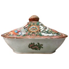 Antique 19th Century Rose Medallion Chinese Export Porcelain Covered Dish, Tureen