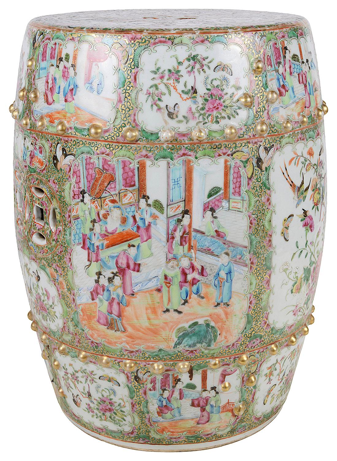 Hand-Painted 19th Century Rose Medallion Porcelain Garden Seat