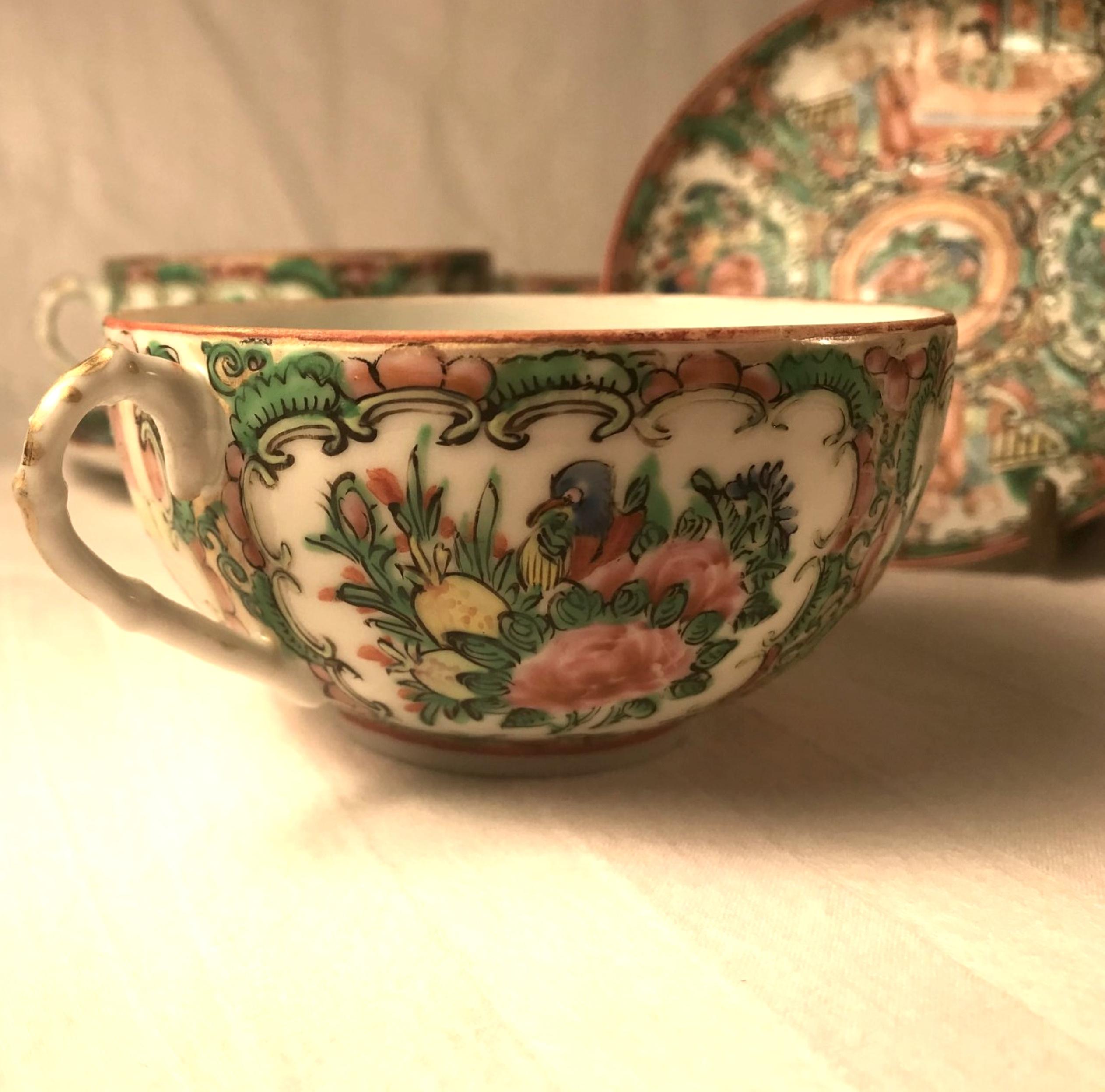 9 set antique 1850s Chinese rose medallion square eggshell porcelain tea cups and saucers.

Beautiful set of 9 antique Chinese rose medallion porcelain tea cups and saucers
from the Qing Dynasty. Saucers are in a soft square shape with matching