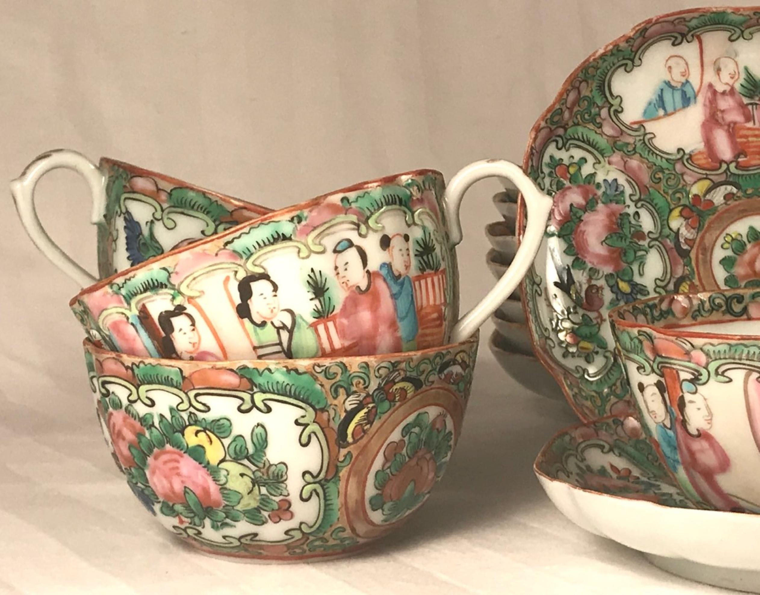 Chinese 19th Century Rose Medallion Set of 9 Cups and Saucers