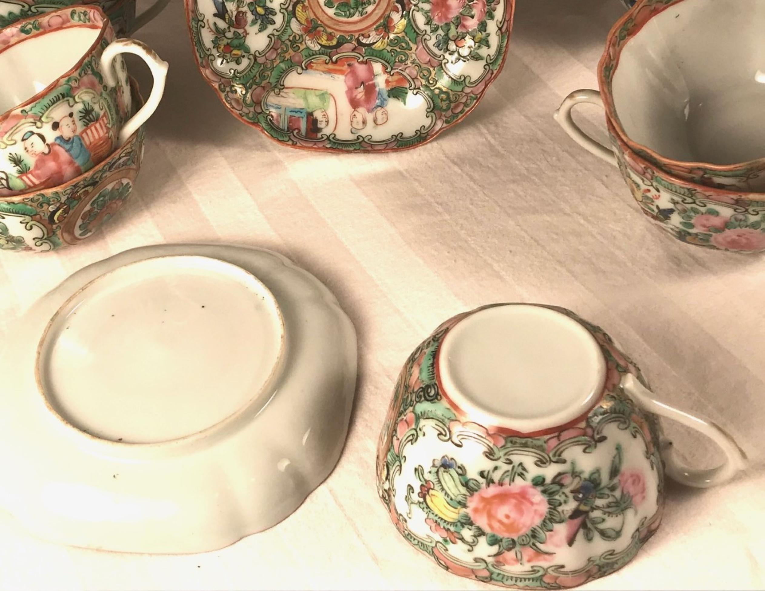 Hand-Painted 19th Century Rose Medallion Set of 9 Cups and Saucers
